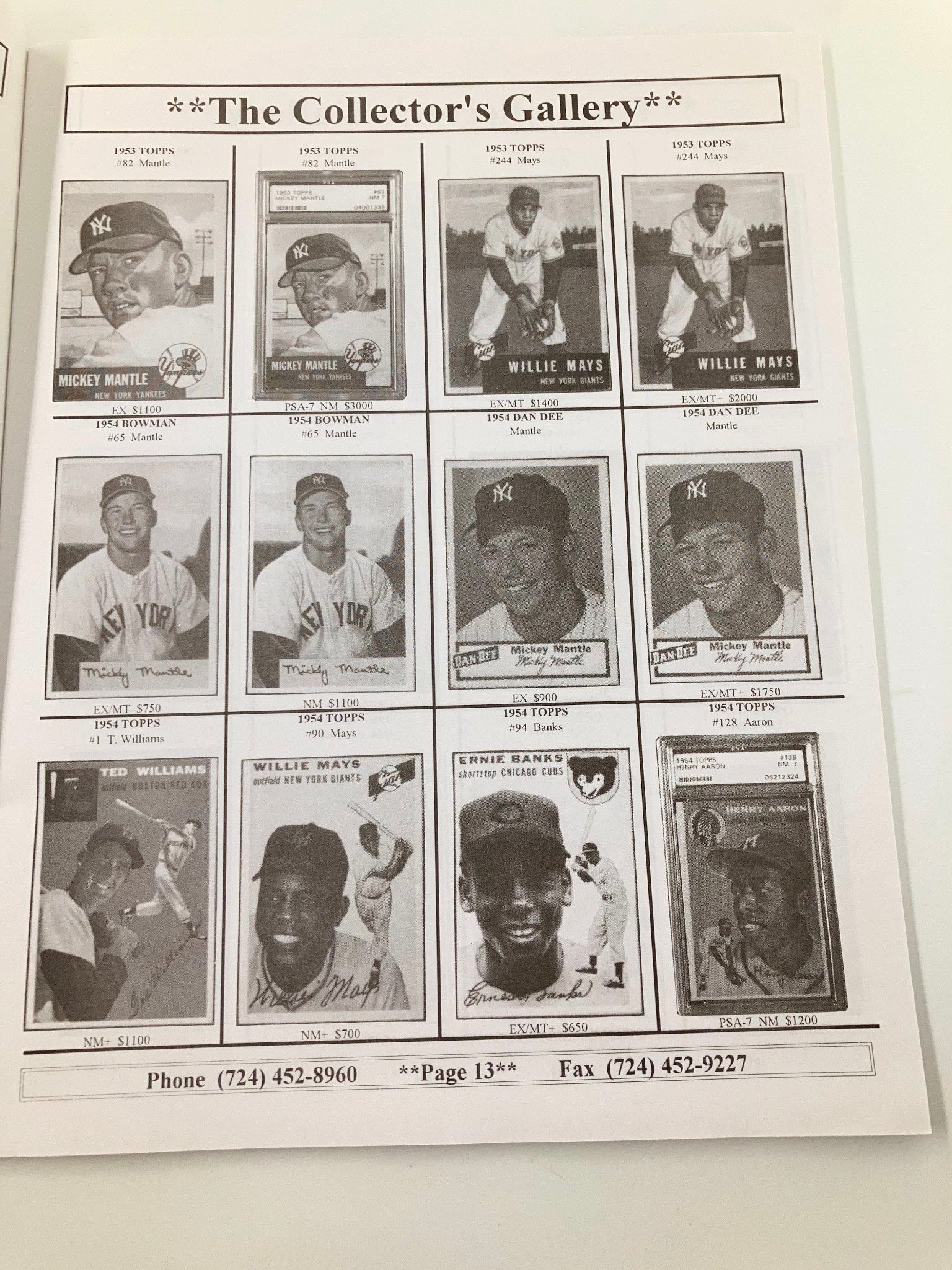 The Collector's Gallery page featuring exceptional vintage cards like Mickey Mantle and other MLB legends as part of the 1935 Shoebox Cards collection.