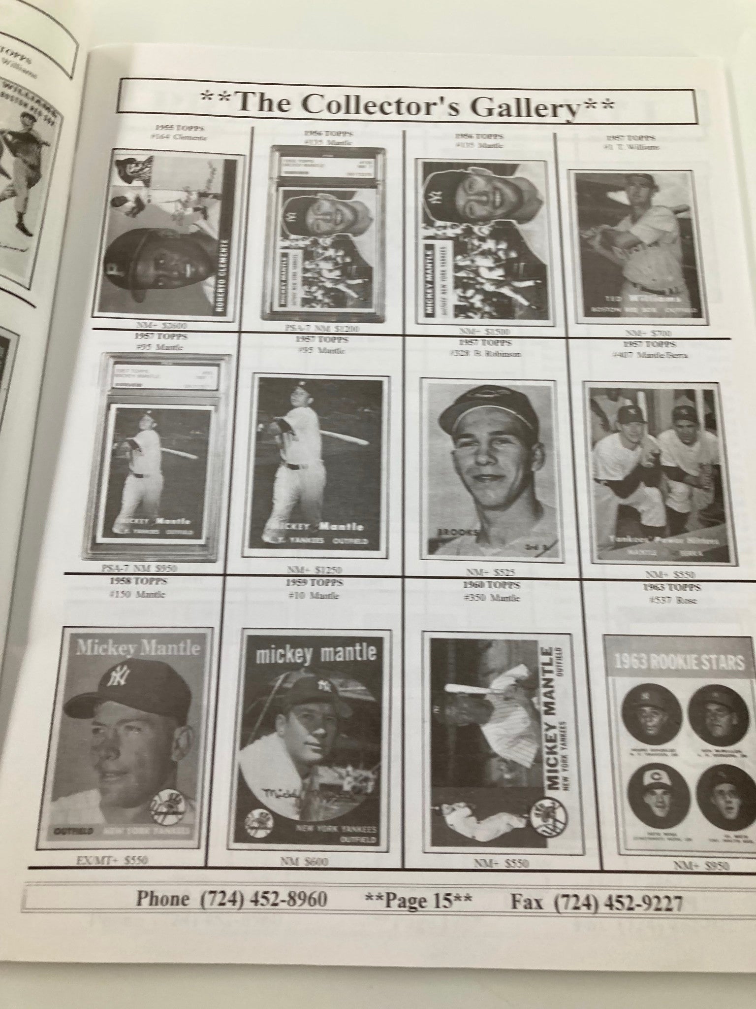 1935 MLB Shoebox Cards Mickey Mantle The Collector's Gallery featuring various baseball cards including notable figures like Mickey Mantle and Ted Williams, showcasing their images and prices, perfect for collectors.