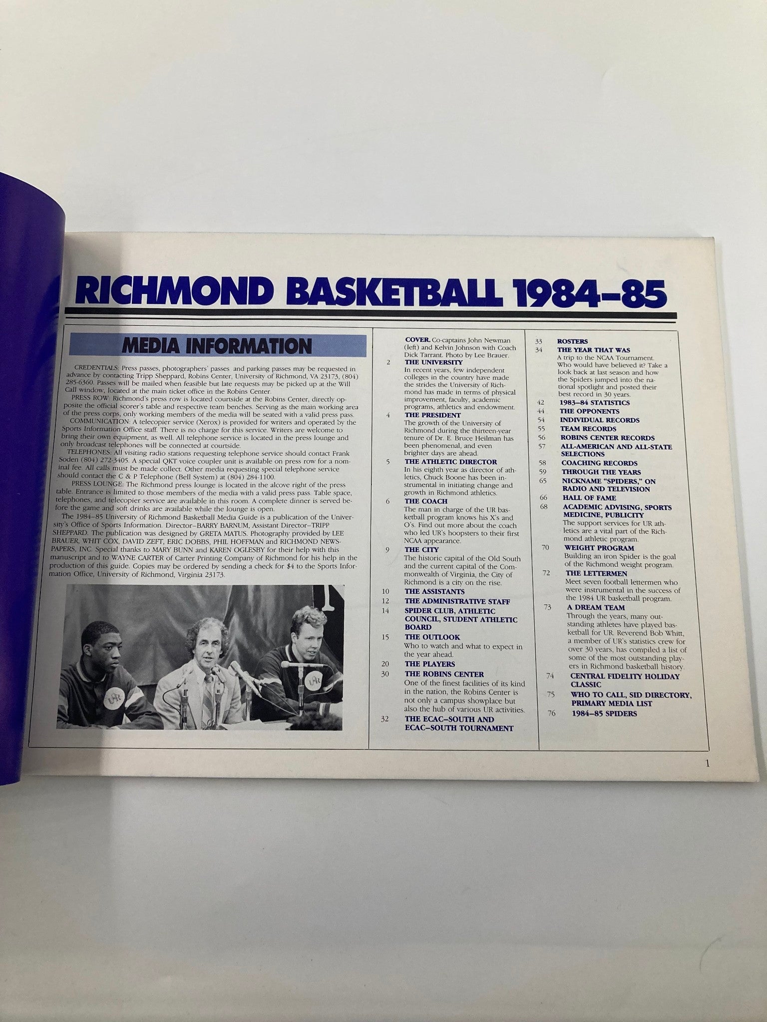 1984-1985 College Richmond Basketball Official Media Information Guide