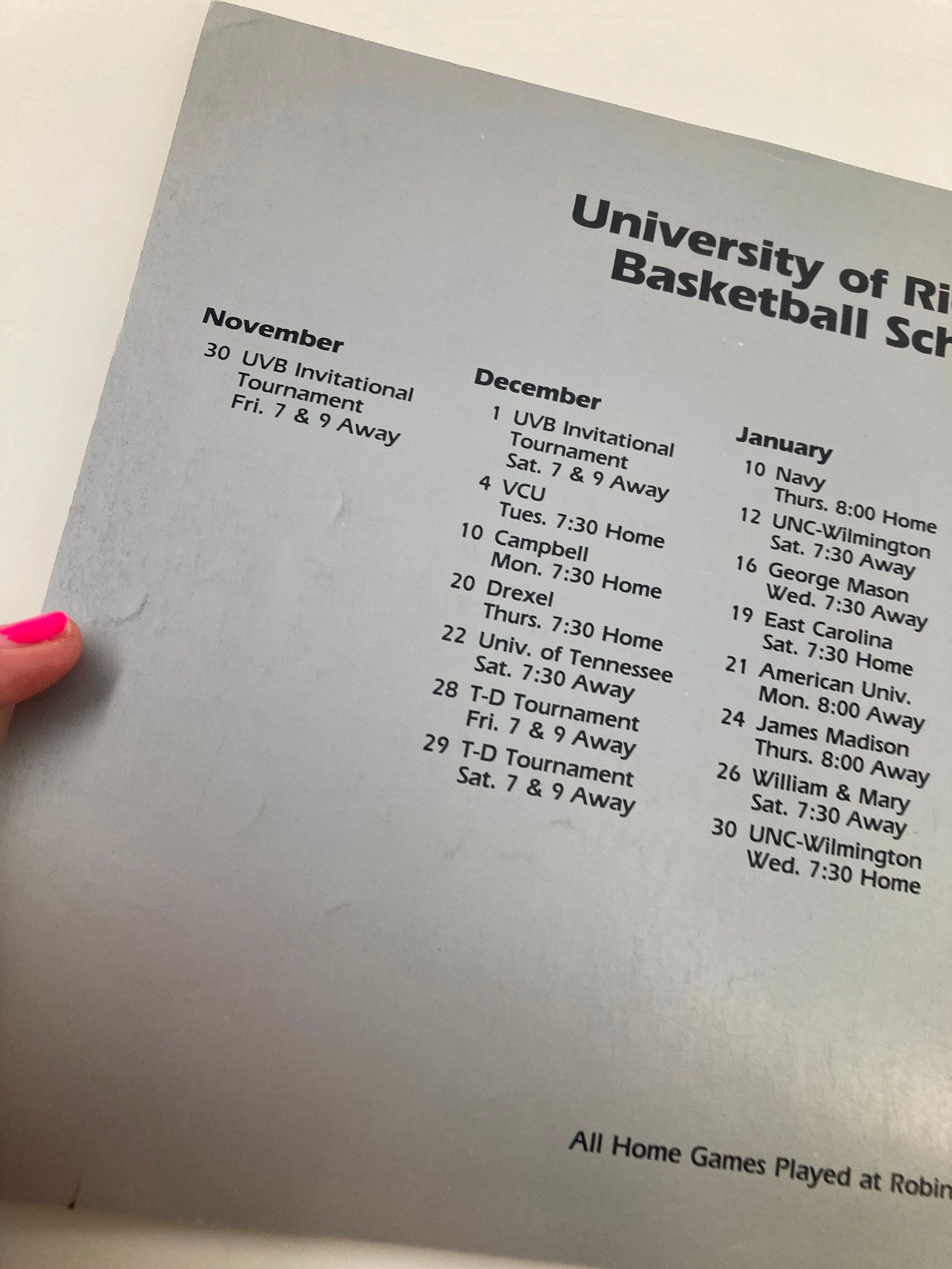 1984-1985 College Richmond Basketball Official Media Information Guide