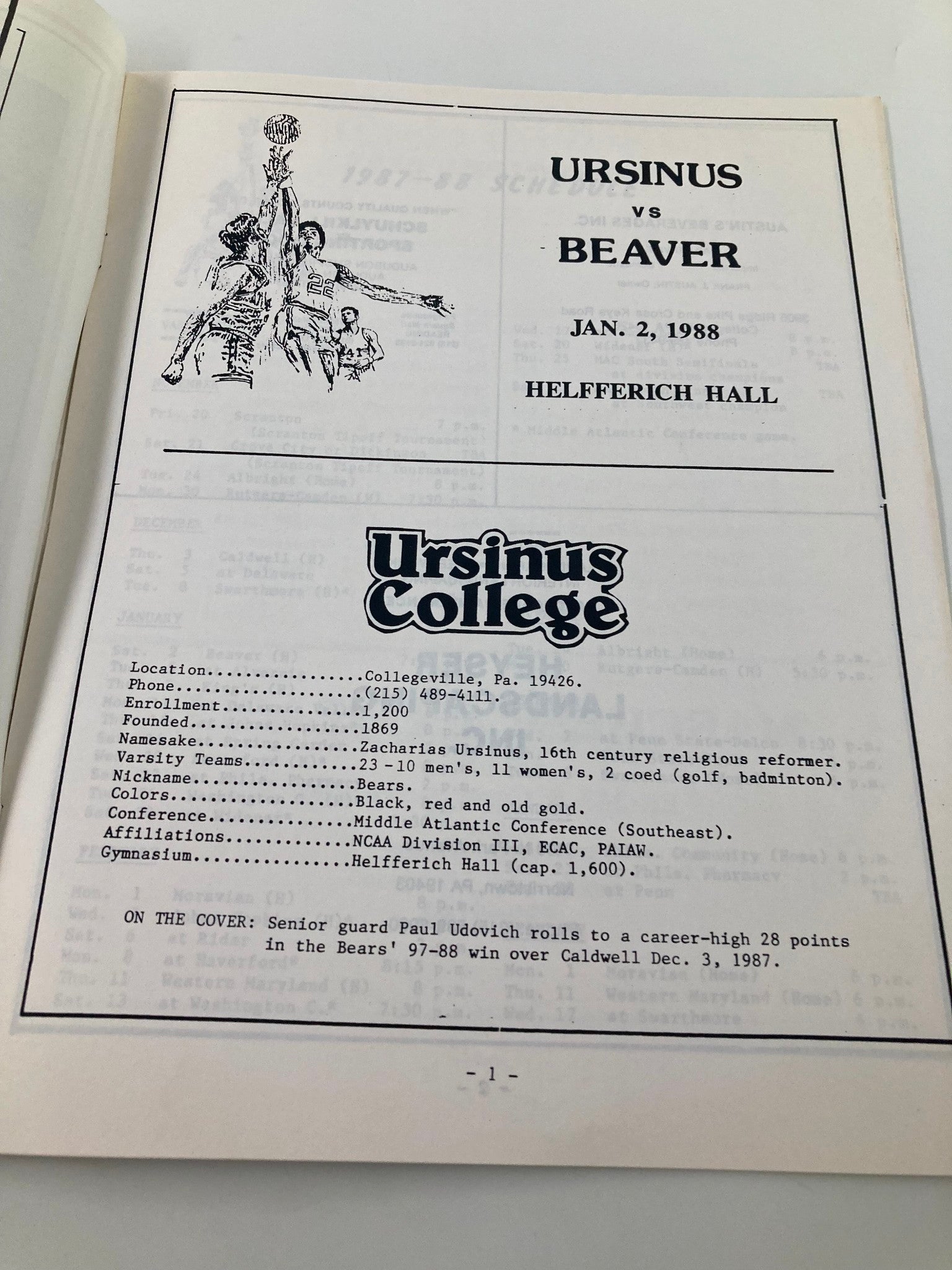 January 2 1988 College Ursinus vs Beaver Basketball Official Program