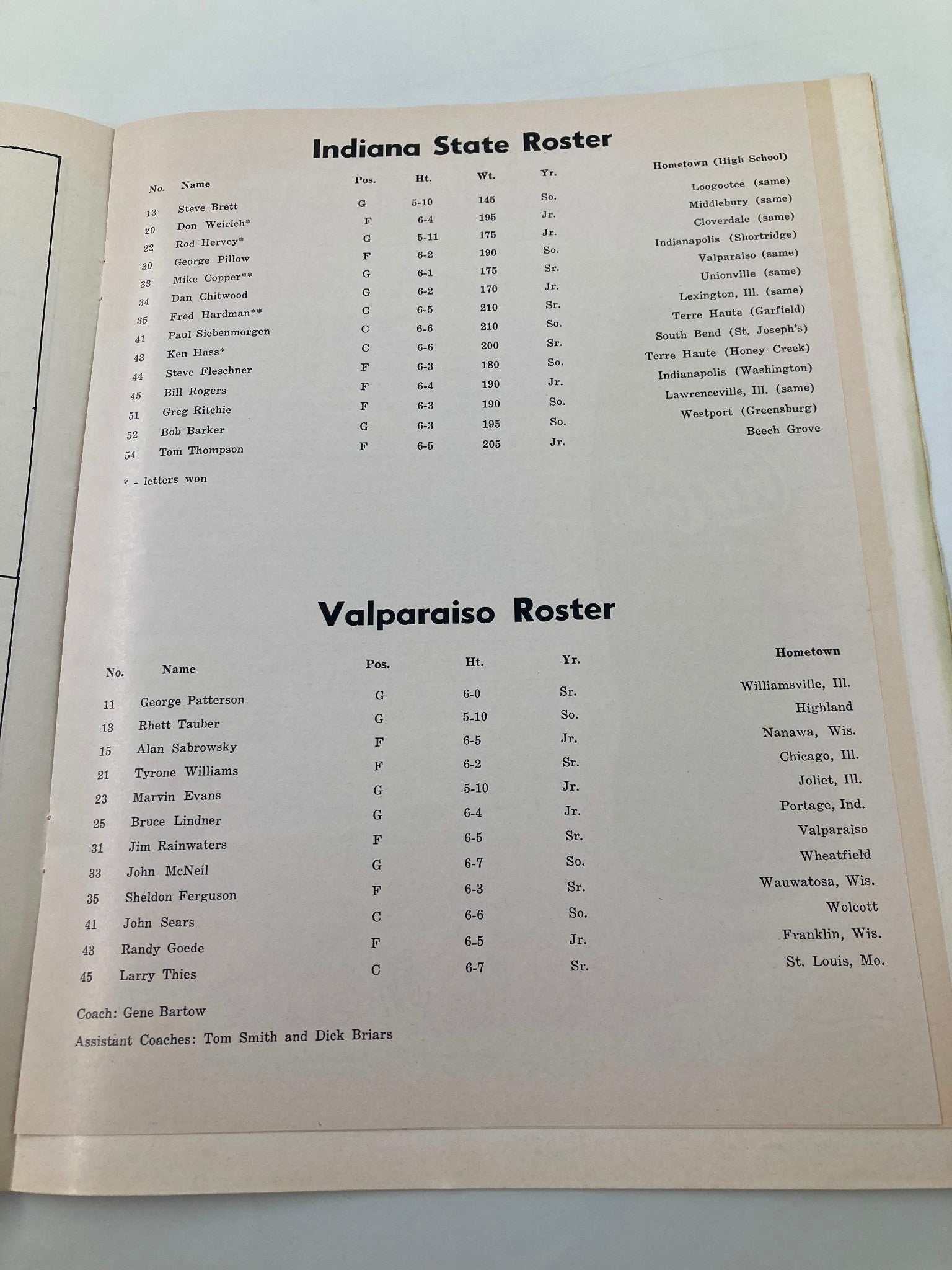 February 19 1969 The College Game Indiana State vs Valparaiso Official Program