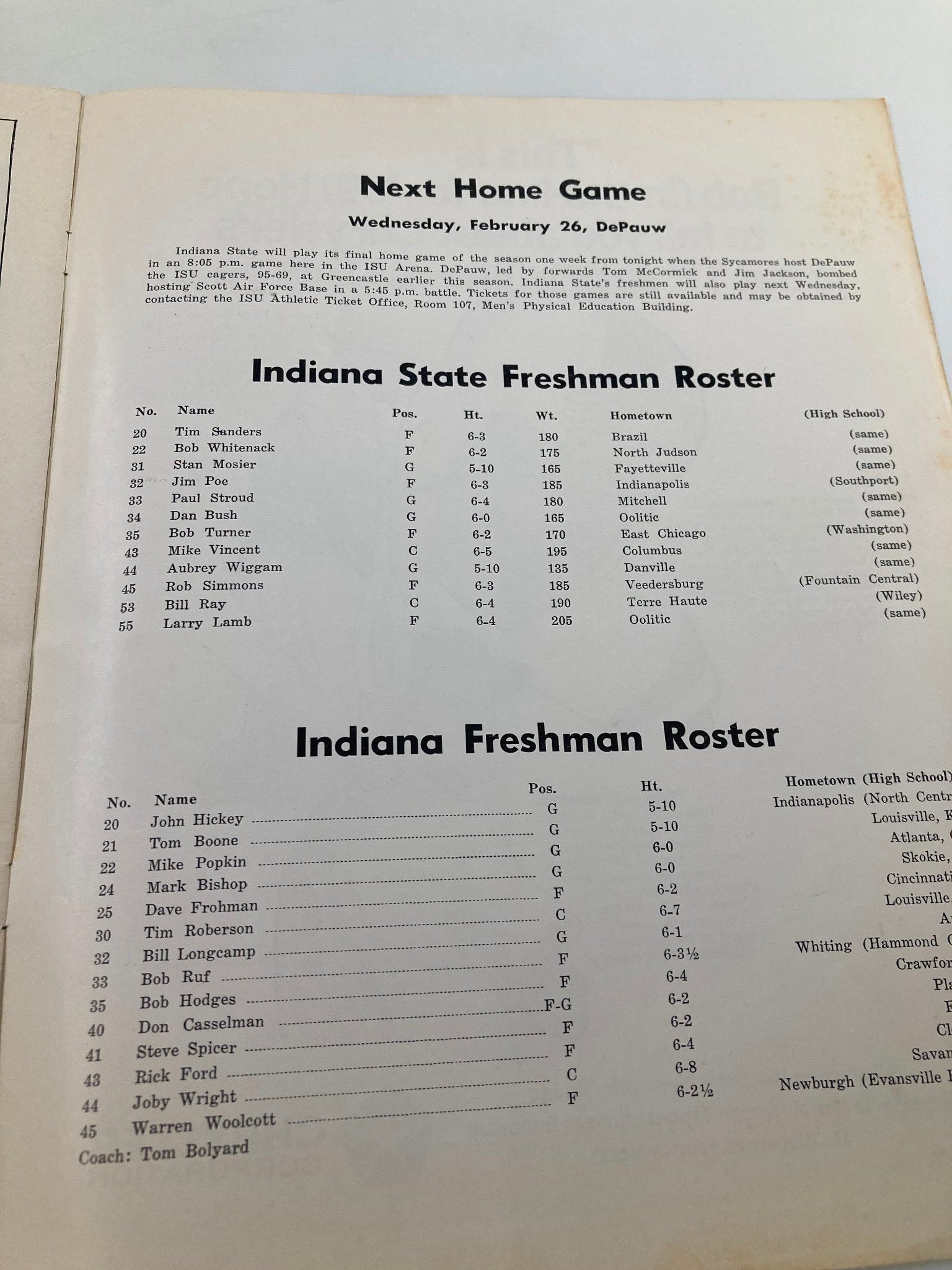 February 19 1969 The College Game Indiana State vs Valparaiso Official Program