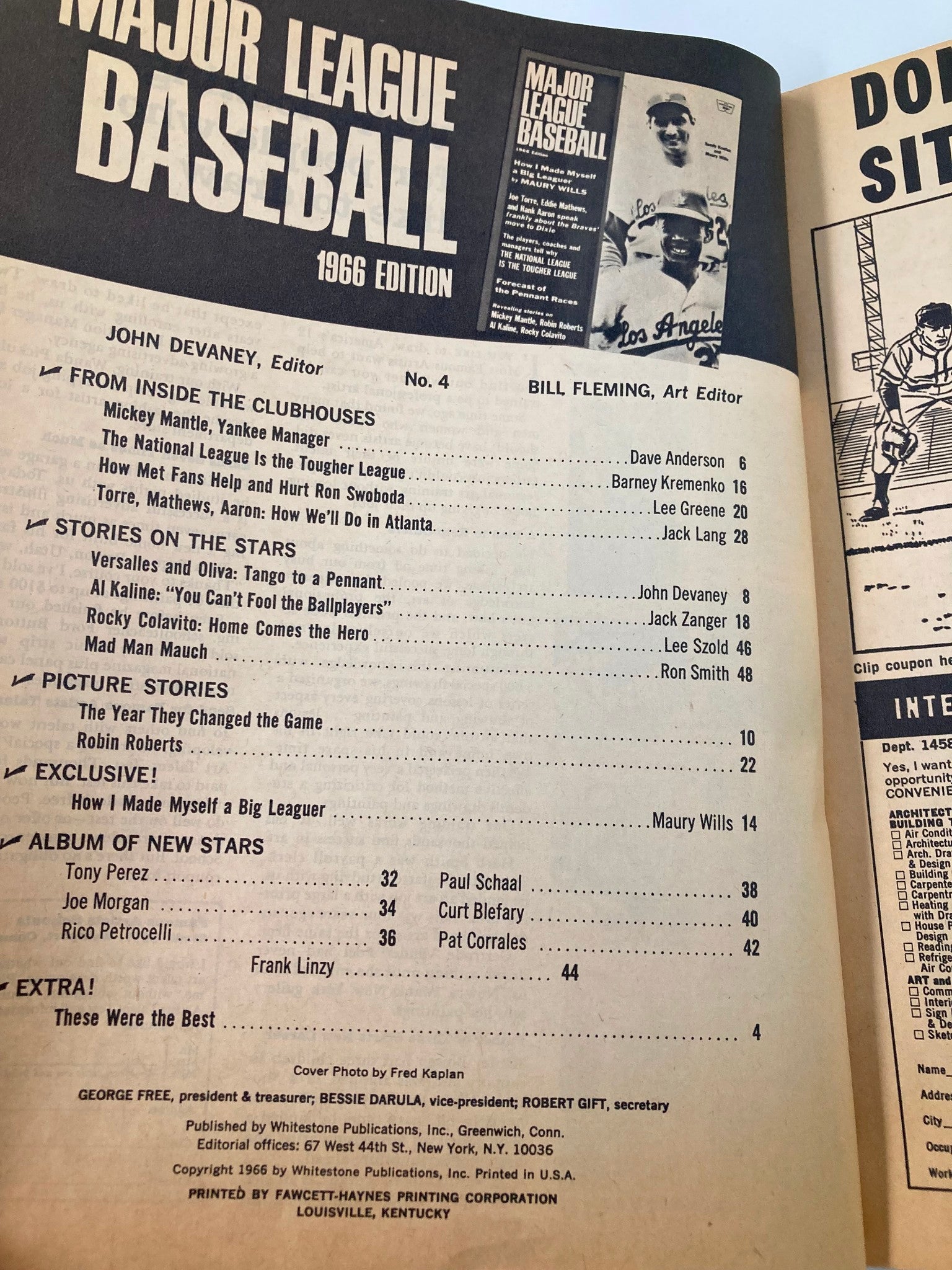 Inside page of the 1966 Edition MLB Los Angeles Dodgers program, edited by John Devaney, highlighting player contributions and stories.
