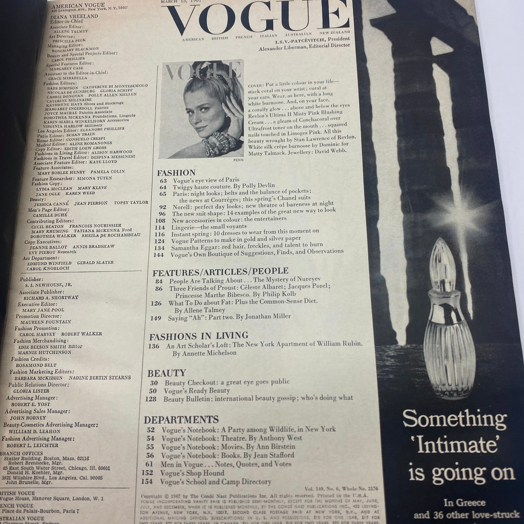 VTG Vogue Magazine March 15 1967 Lauren Hutton by Irving Penn No Label