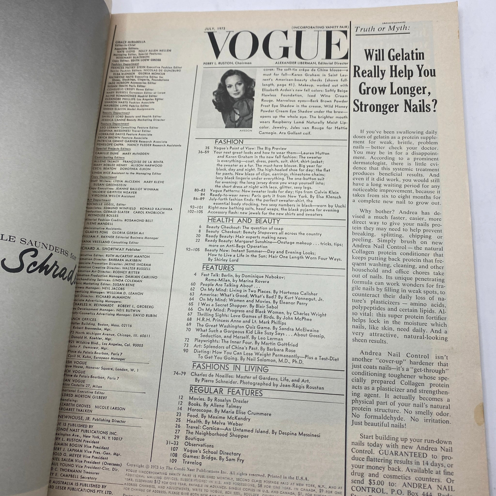 VTG Vogue Magazine July 1973 Karen Graham by Richard Avedon No Label