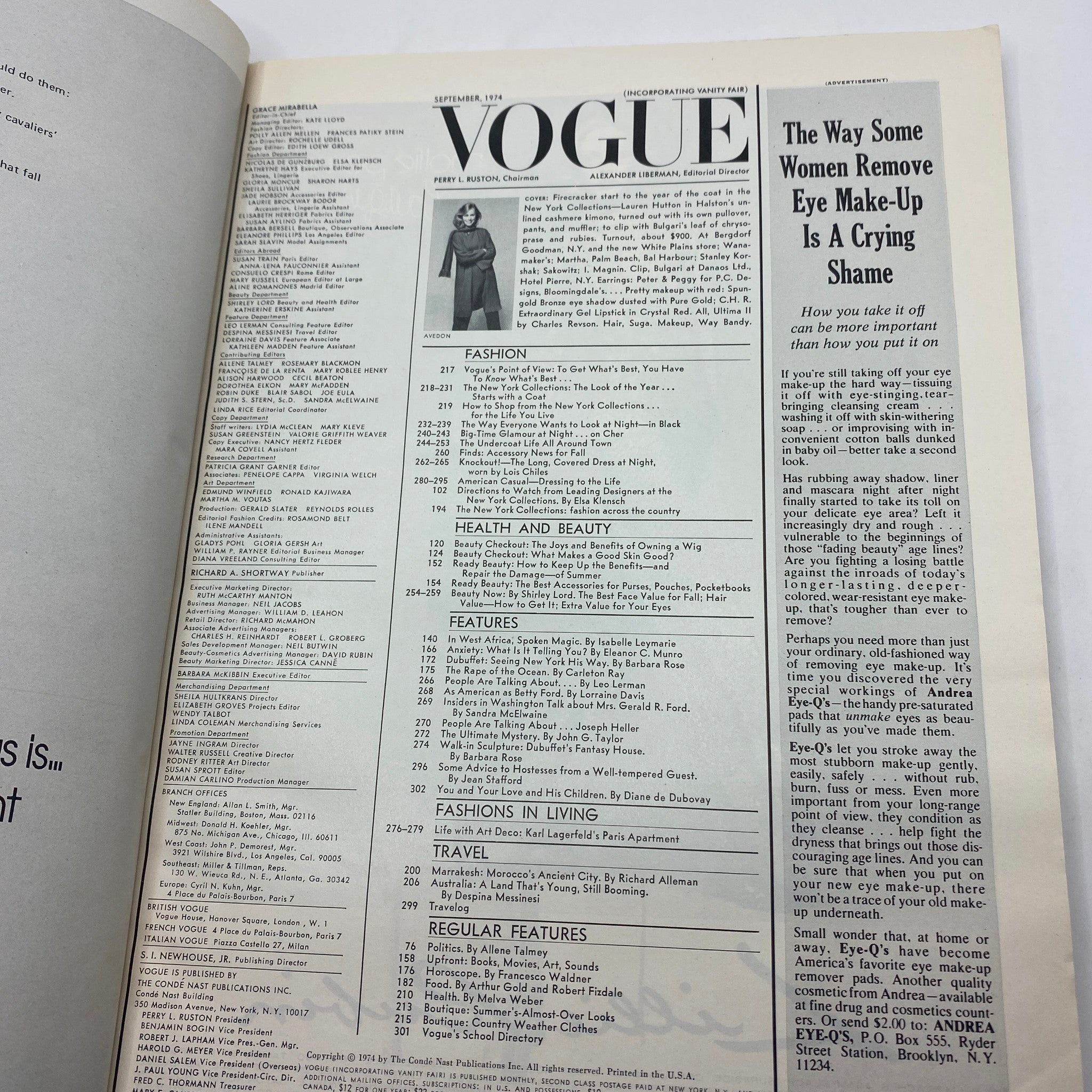 VTG Vogue Magazine September 1974 Lauren Hutton by Richard Avedon