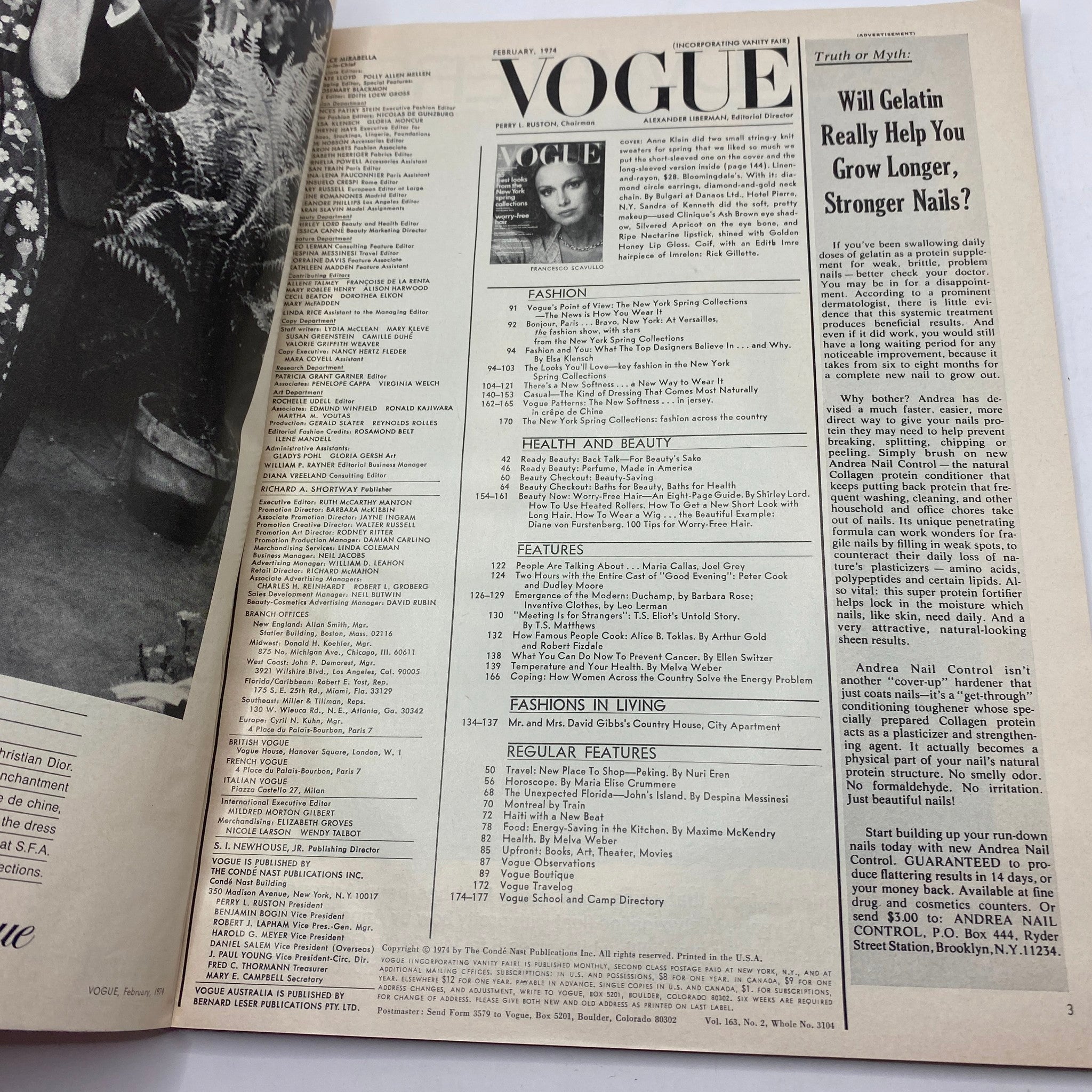 VTG Vogue Magazine February 1974 Karen Graham by Francesco Scavullo