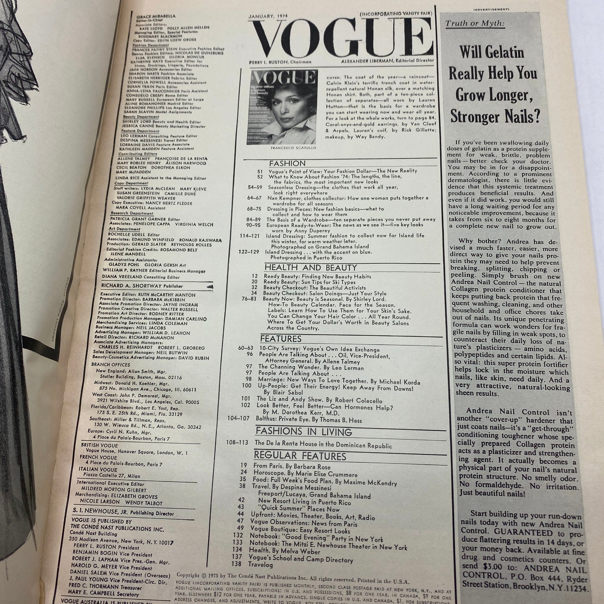 VTG Vogue Magazine January 1974 Lauren Hutton by Francesco Scavullo