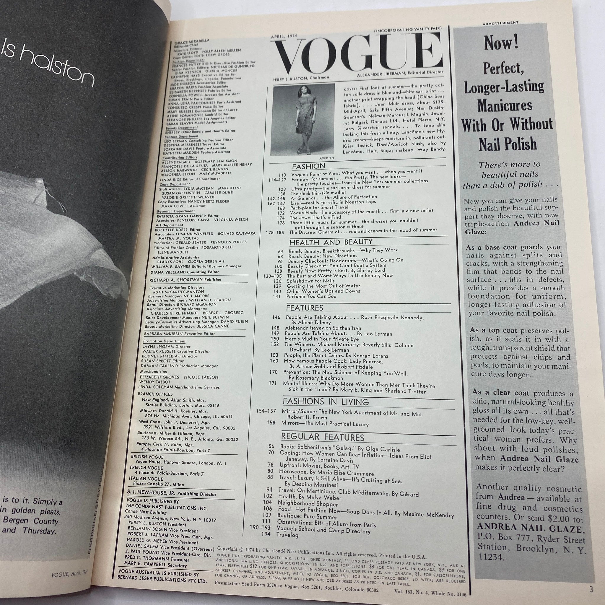 VTG Vogue Magazine April 1974 Rene Russo by Richard Avedon