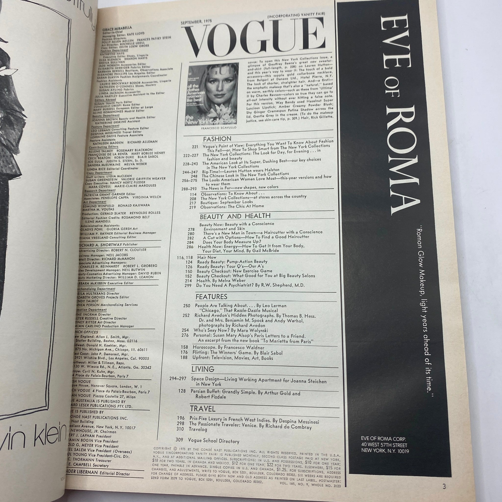 VTG Vogue Magazine September 1975 Lauren Hutton by Francesco Scavullo