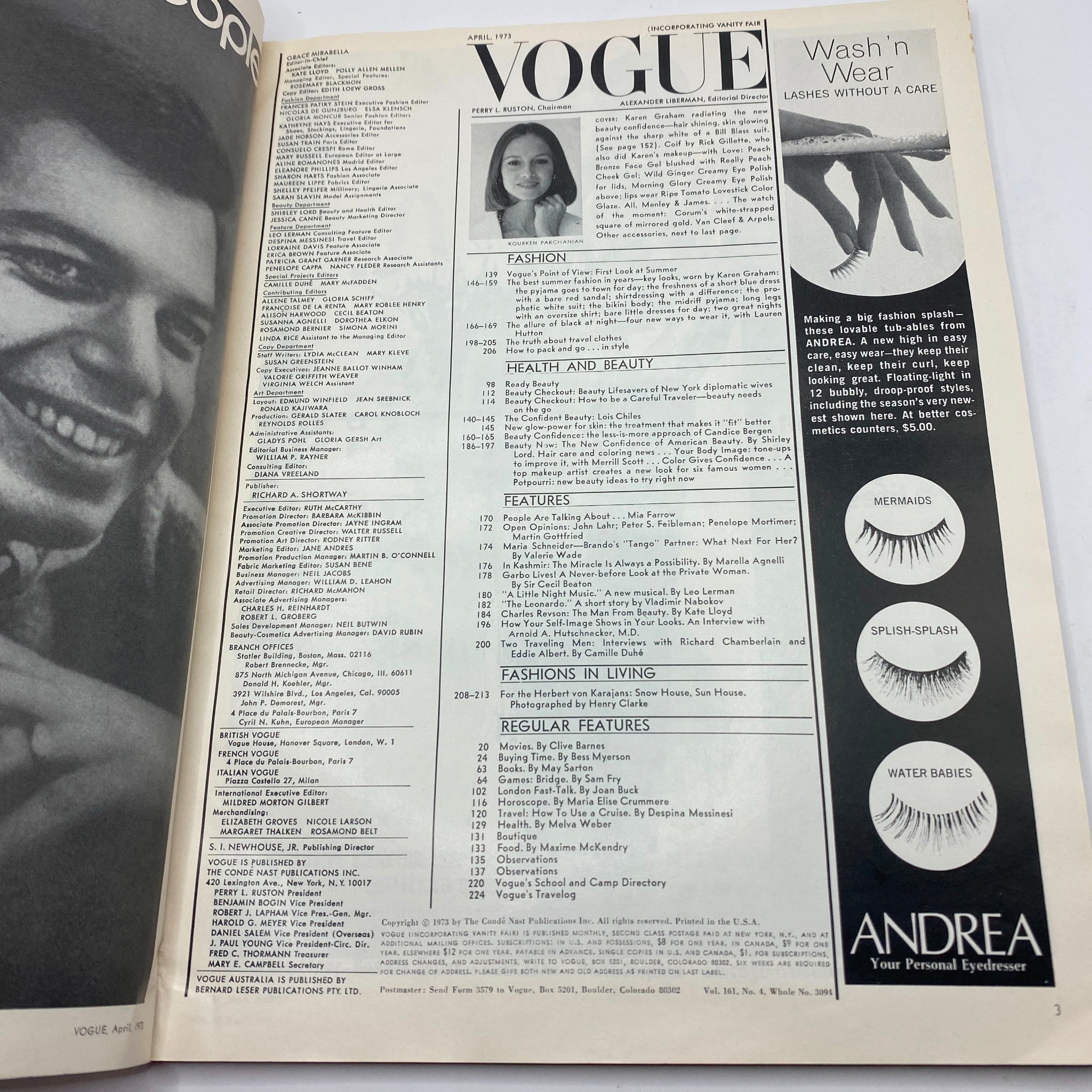 VTG Vogue Magazine April 1973 Karen Graham by Kourken Pakchanian No Label