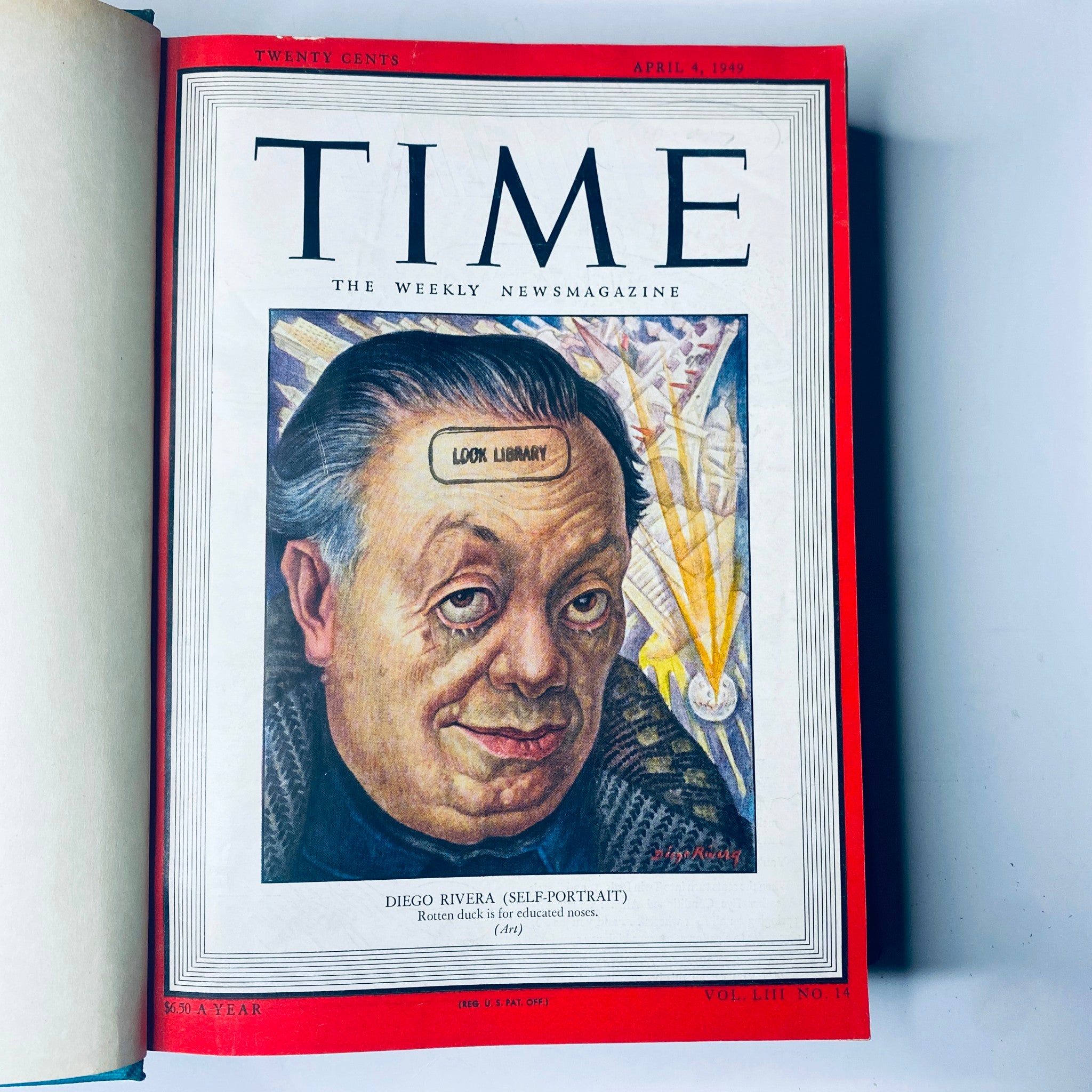Cover of Time Magazine Library Bound Weekly April 4, 1949 featuring a self-portrait illustration of Diego Rivera with the caption 'LOOK LIBRARY'.
