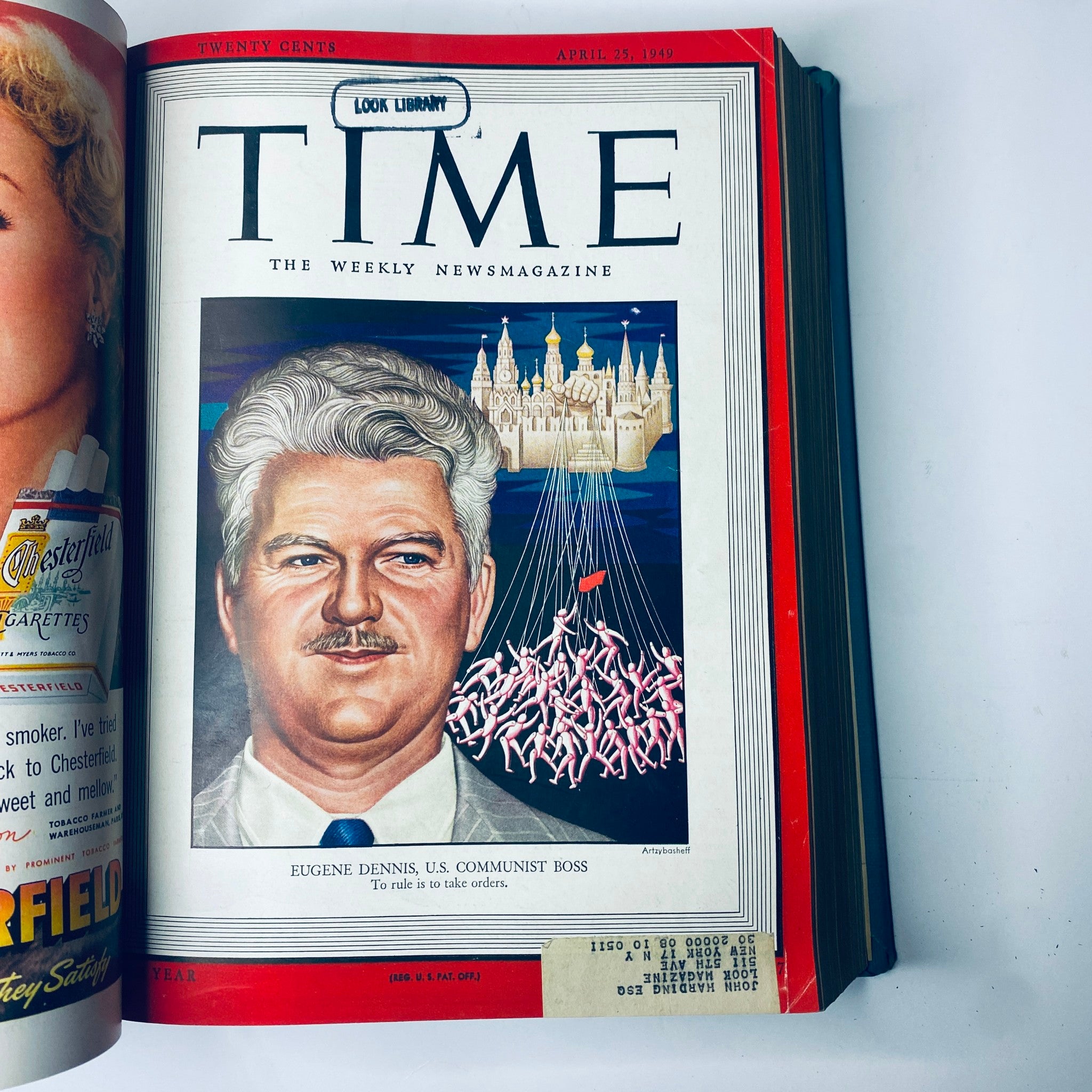 Cover of Time Magazine Library Bound Weekly April 25, 1949 depicting Eugene Dennis, U.S. Communist Boss, with the label 'LOOK LIBRARY'.
