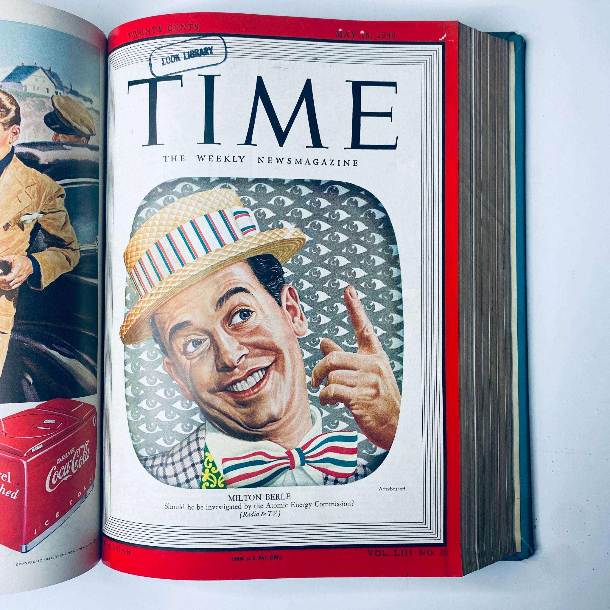 Cover of Time Magazine Library Bound Weekly April 4 to June 27, 1949 featuring comedian Milton Berle with a straw hat, intriguing eyes pattern in the background, and a caption questioning his investigation by the Atomic Energy Commission.