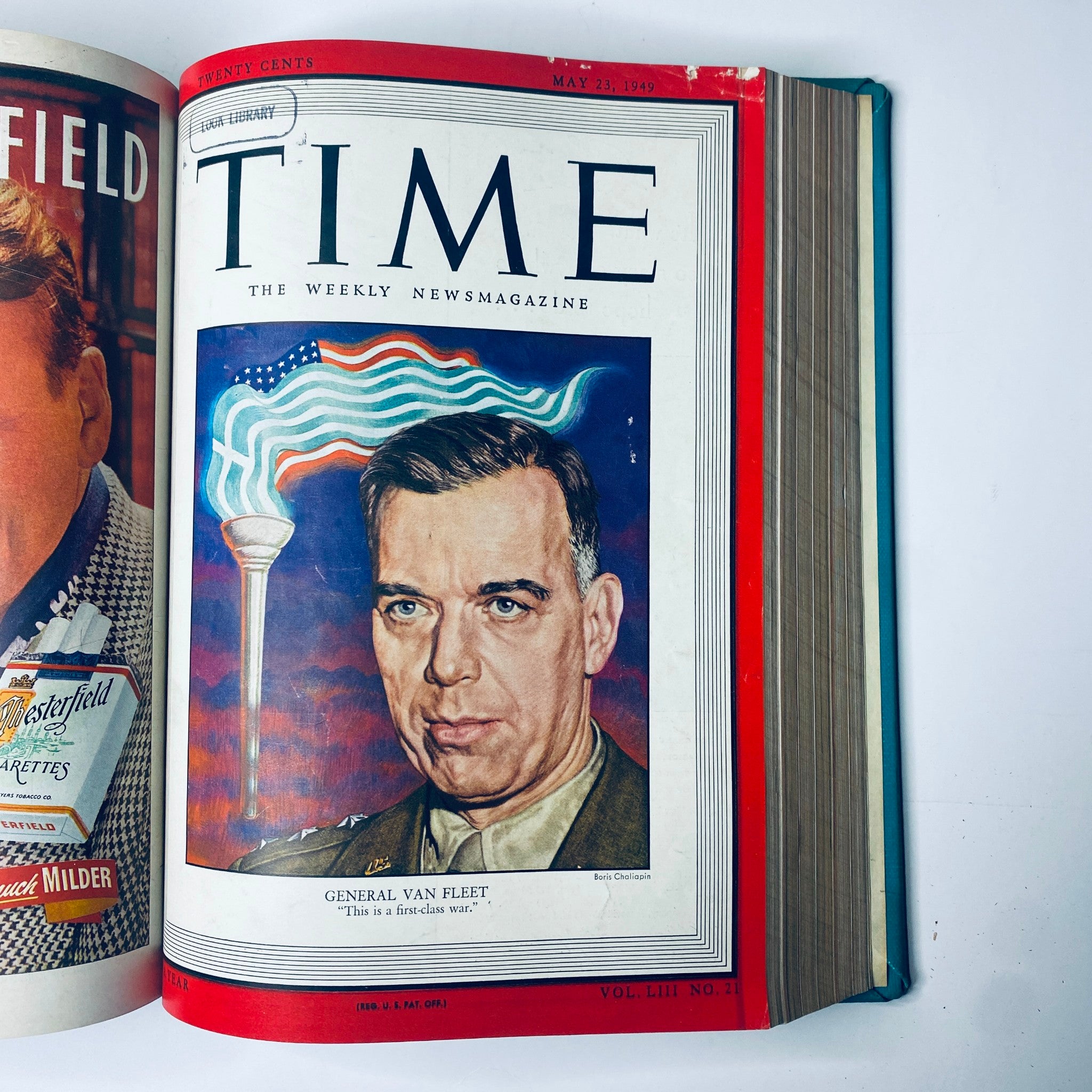Cover of Time Magazine Library Bound Weekly April 4 to June 27, 1949 showcasing General James A. Van Fleet, a military figure, in a dramatic portrait with an American flag and torch visual elements.