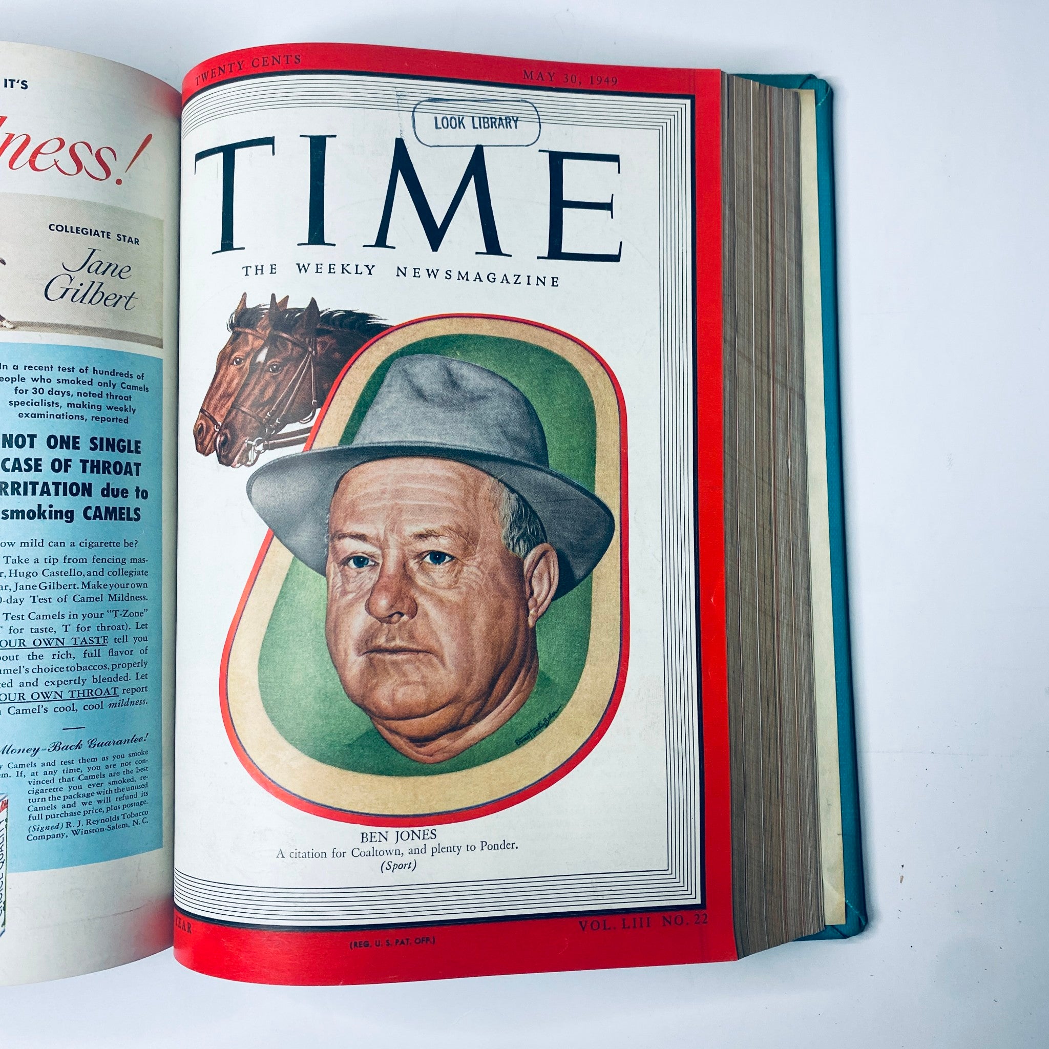 Cover of Time Magazine Library Bound Weekly April 4 to June 27, 1949 displaying Ben Jones, a prominent figure in sports, depicted with a horse in the background and a serious expression.