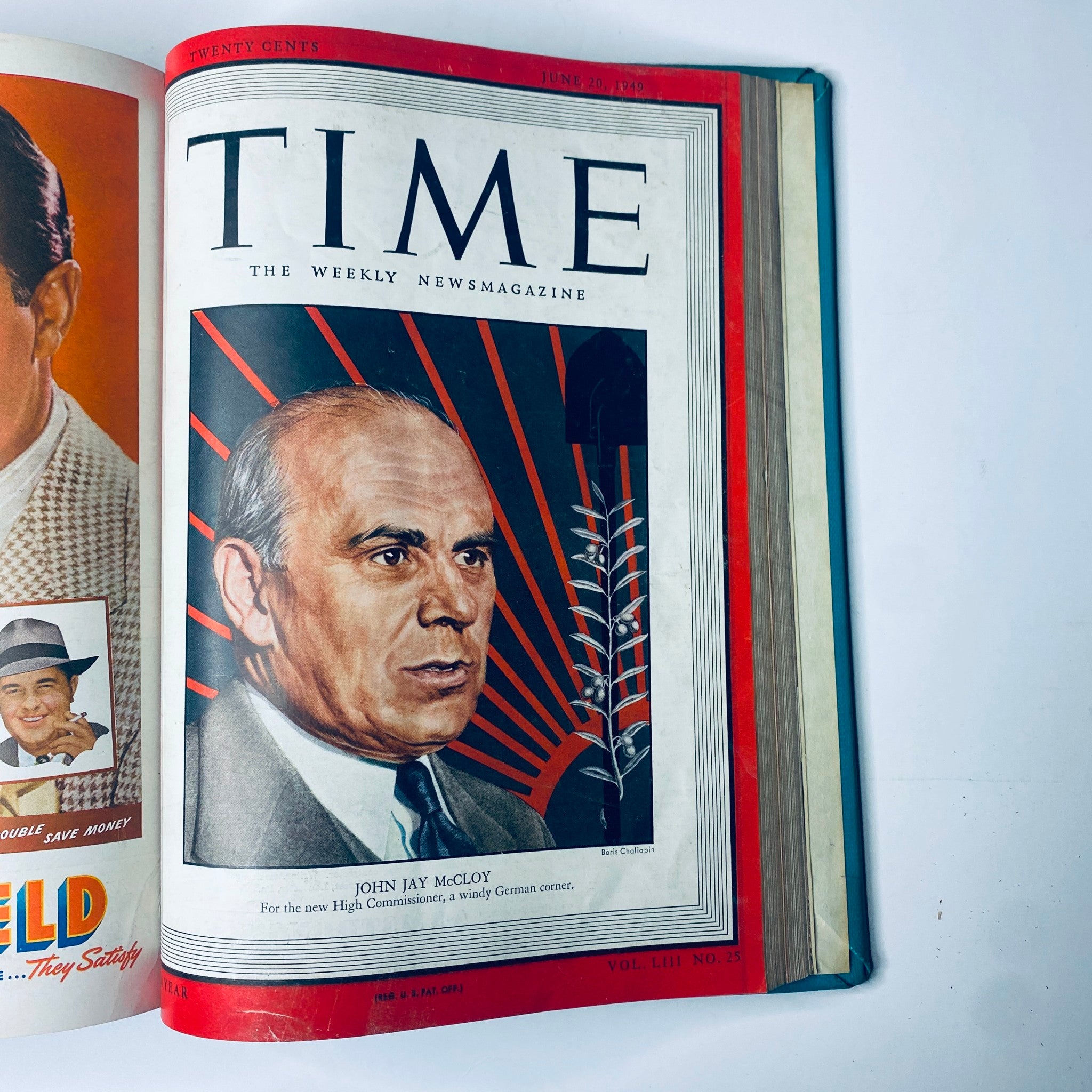 Cover of Time Magazine dated June 20, 1949 featuring John Jay McCloy, with text 'For the new High Commissioner, a windy German corner' from the Time Magazine Library Bound Weekly April 4, 1949 - June 27, 1949.