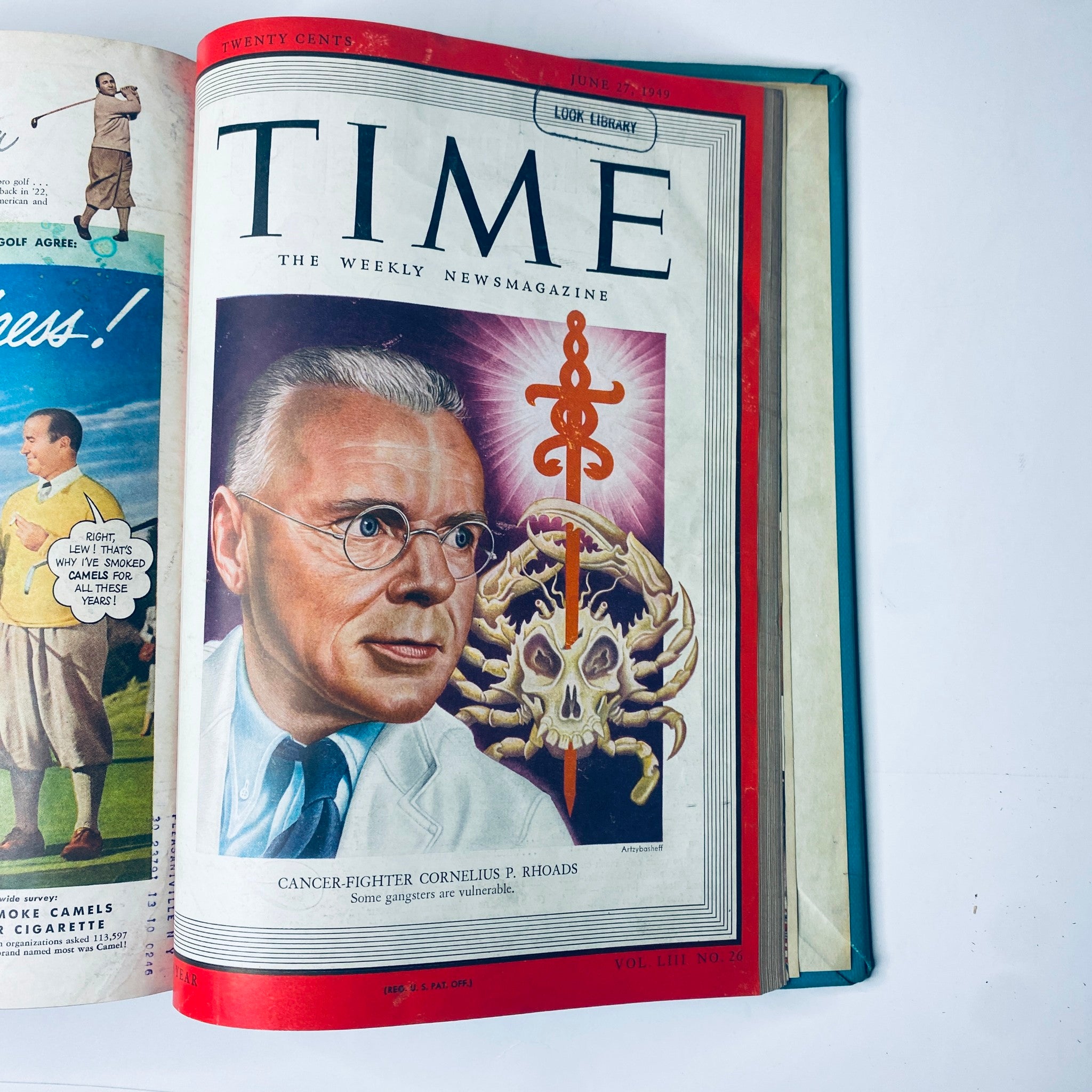 Cover of Time Magazine dated June 27, 1949 featuring cancer-fighter Cornelius P. Rhoads, with text 'Some gangsters are vulnerable.' from the Time Magazine Library Bound Weekly April 4, 1949 - June 27, 1949.