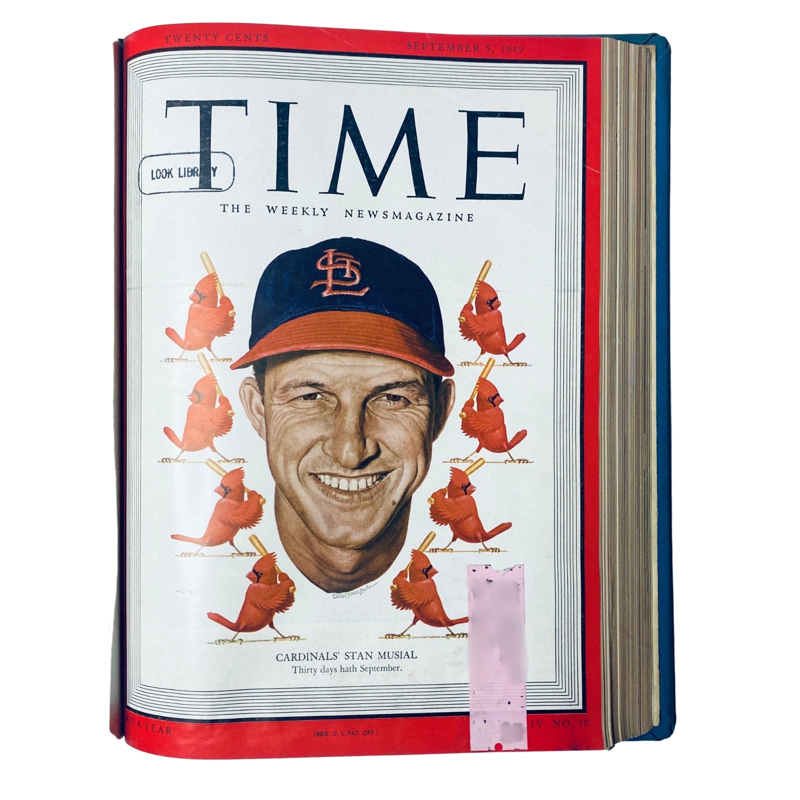 Cover of Time Magazine from September 5, 1949 featuring Stan Musial, highlighting his role with the Cardinals, part of the Time Magazine Library Bound Weekly collection from July to September 1949.