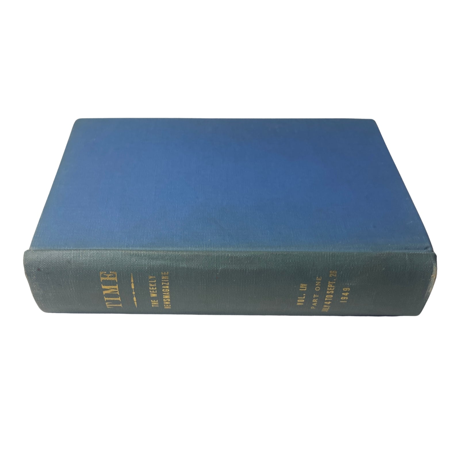 Top view of the blue library-bound spine of Time Magazine with the title and publication dates, containing articles from July 4 to September 26, 1949, including a cover story on Stan Musial.