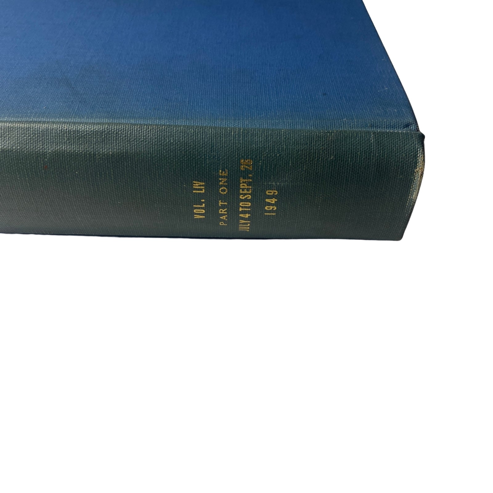 Detailed view of the spine with embossed lettering on the blue library-bound edition of Time Magazine, encompassing weekly issues from July 4 to September 26, 1949, featuring Stan Musial.
