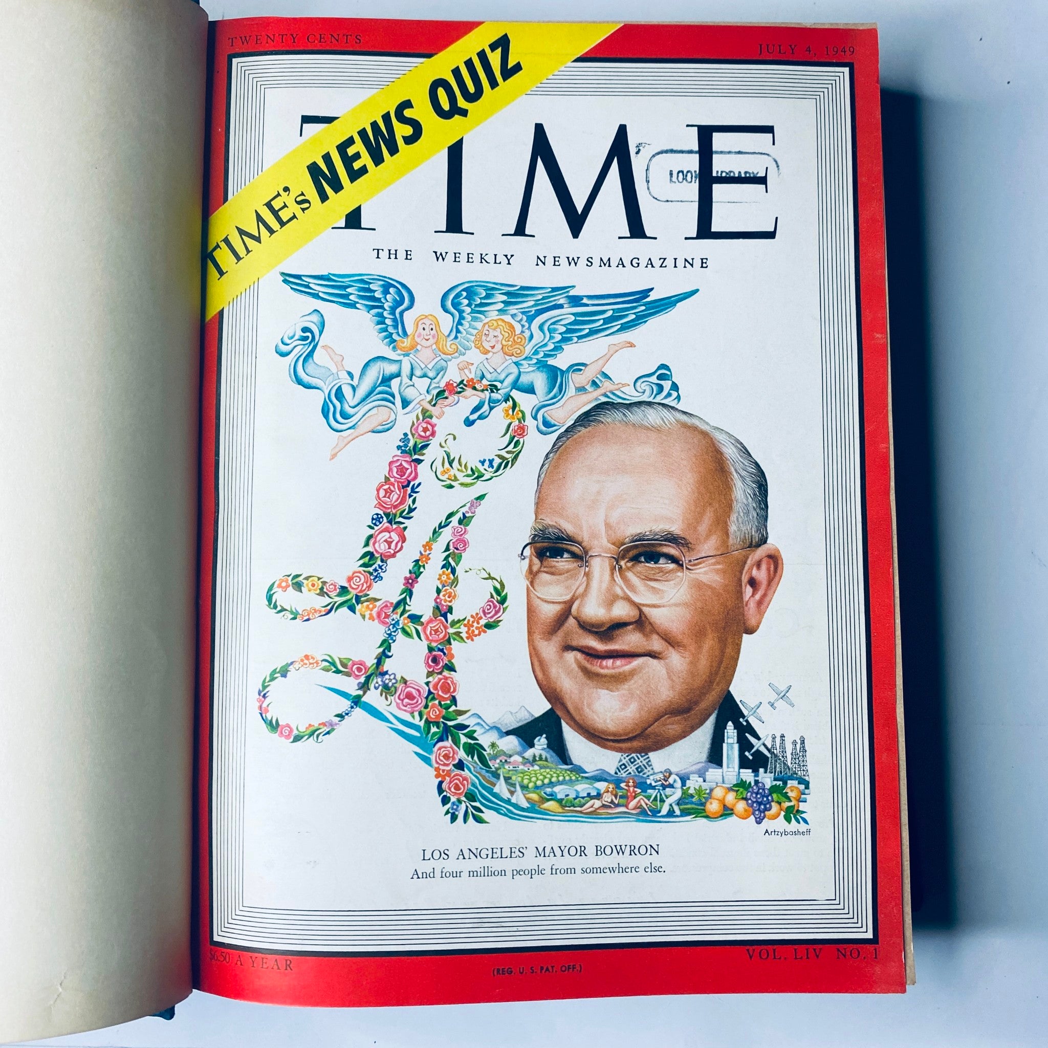 Cover of Time Magazine from July 4, 1949, highlighting Los Angeles Mayor Fletcher Bowron with decorative elements.