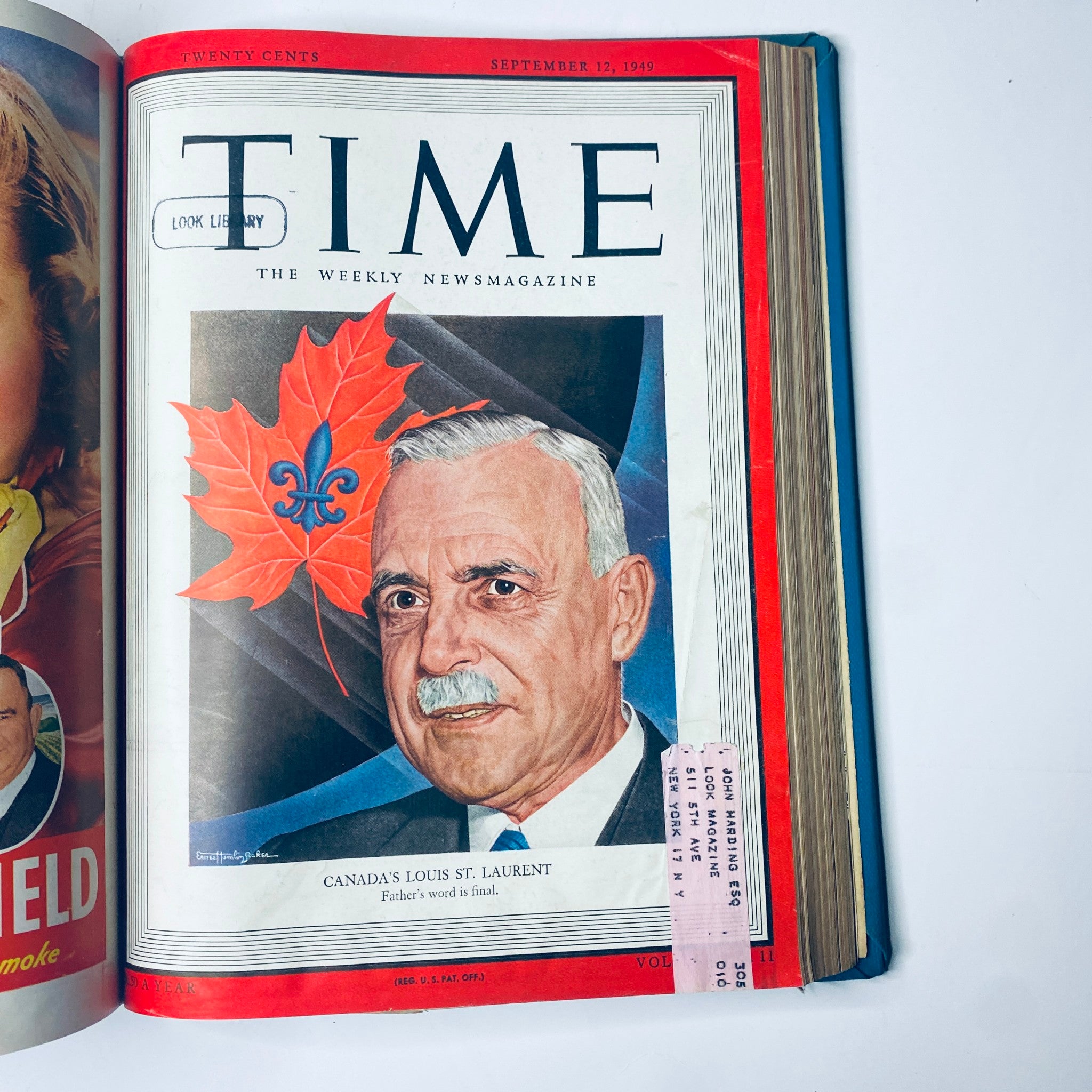 Time Magazine Library Bound Weekly July 4, 1949 - September 26, 1949 showcasing the cover featuring Canada's Louis St. Laurent, September 12, 1949 issue.