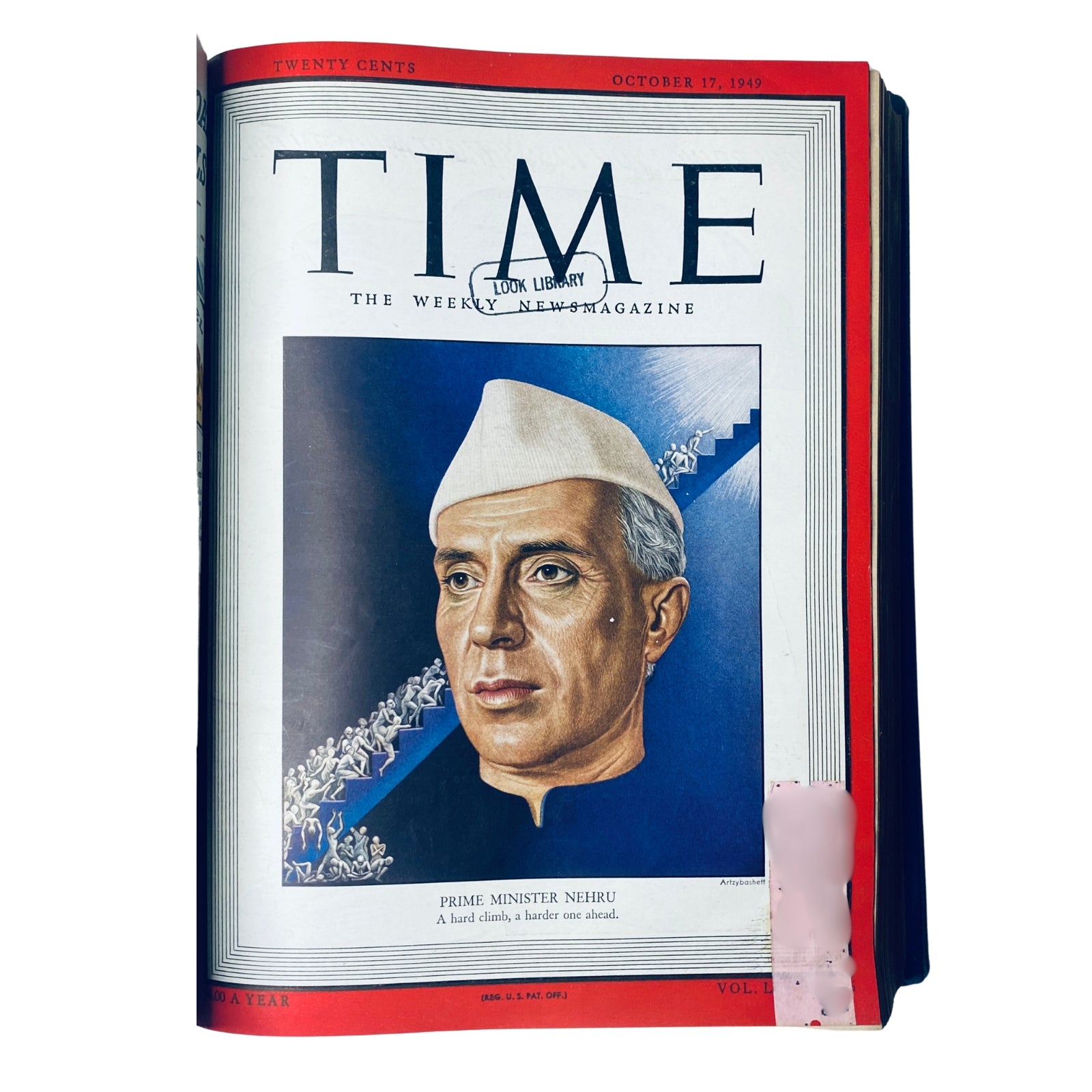 Cover of Time Library Bound Weekly Magazine, October 17, 1949, featuring Prime Minister Nehru with the text 'A hard climb, a harder one ahead.' This issue is part of the collection documenting events from October to December 1949.