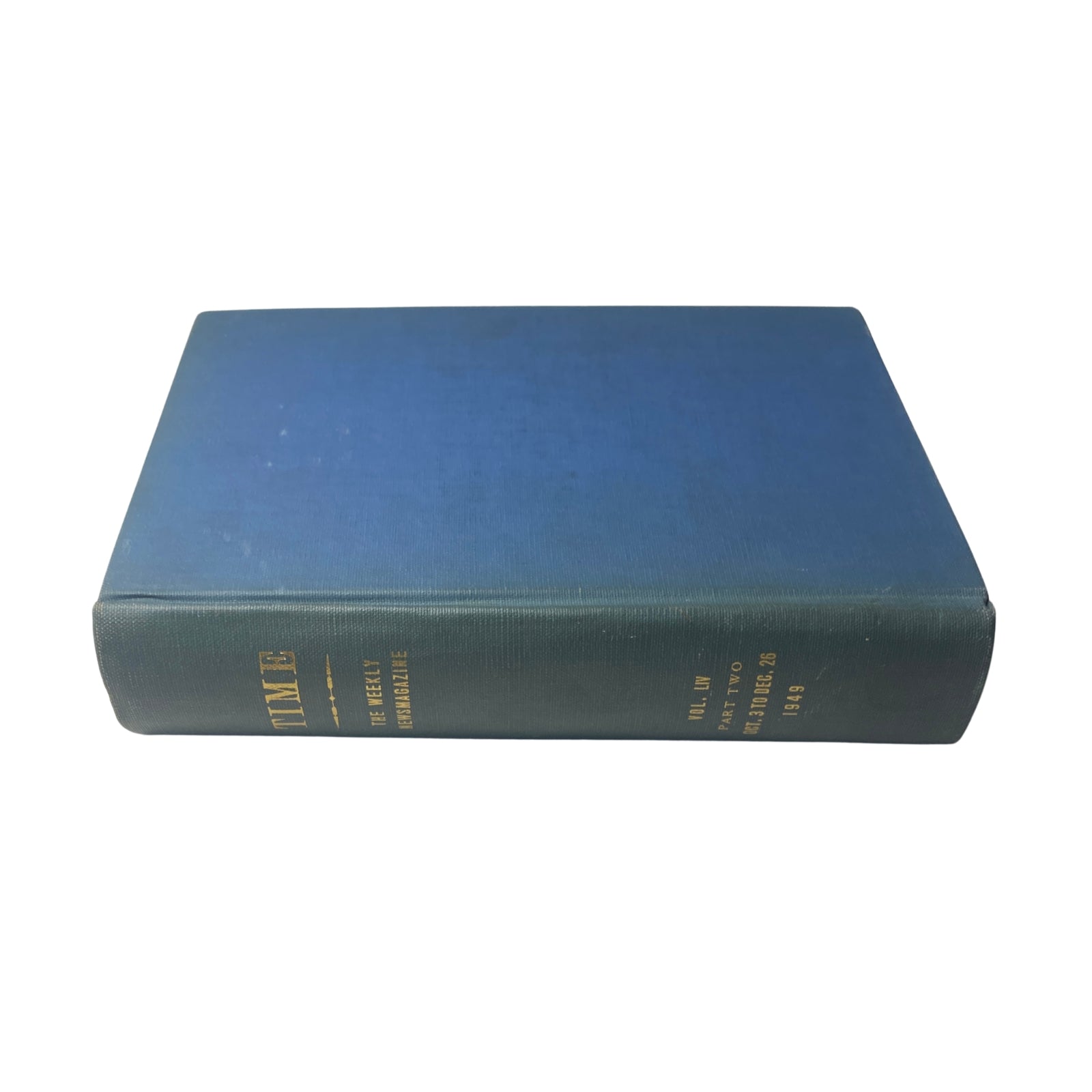 Top view of the Time Library Bound Weekly Magazine, dated October 3 to December 26, 1949, highlighting its sturdy binding and vintage style, indicative of its historical importance.