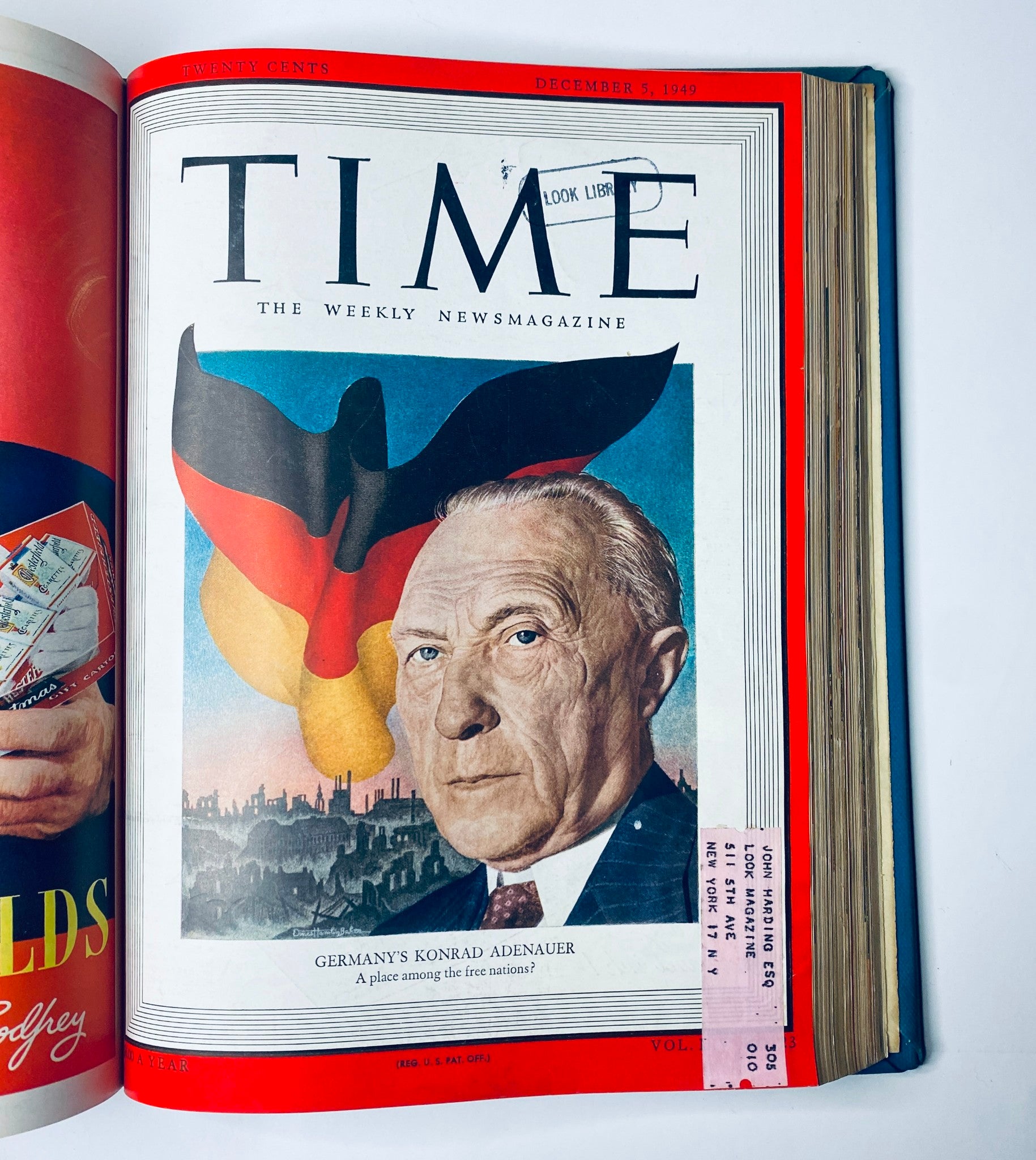 Cover of Time Magazine from December 5, 1949 featuring Germany's Chancellor Konrad Adenauer. Part of the Time Magazine Library Bound Weekly, October 3 to December 26, 1949.