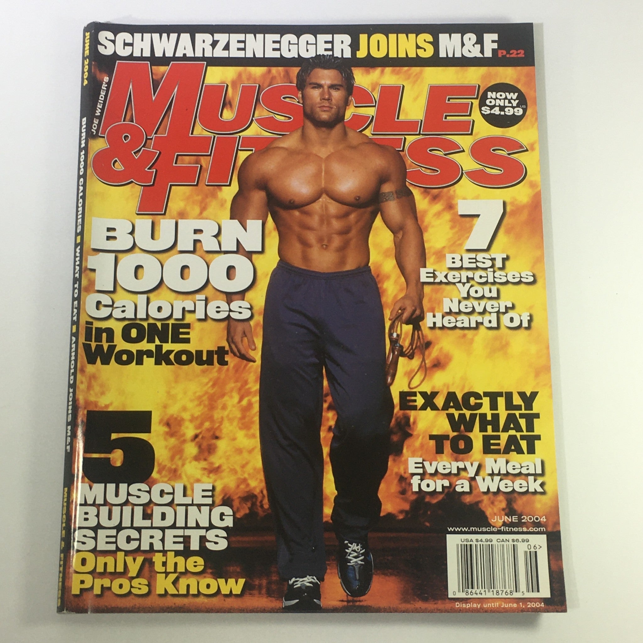Cover of Joe Weider's Muscle & Fitness Magazine June 2004 featuring Arnold Schwarzenegger, showcasing fitness tips, bodybuilding secrets, and a muscular model.