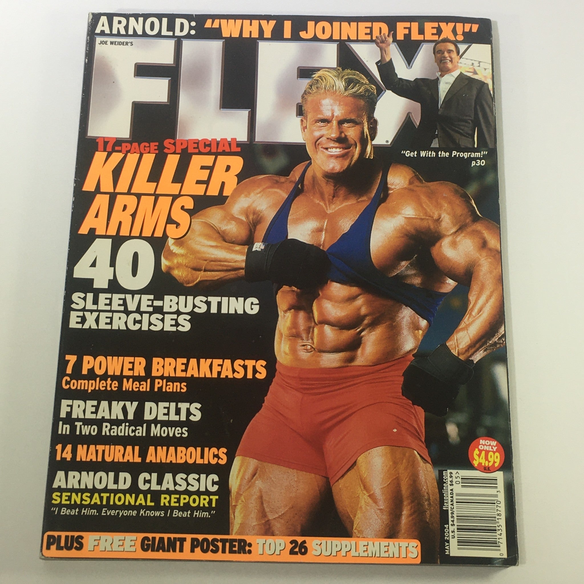 Cover of Joe Weider's Flex Magazine May 2004 featuring Arnold Schwarzenegger, showcasing fitness tips and bodybuilding exercises.