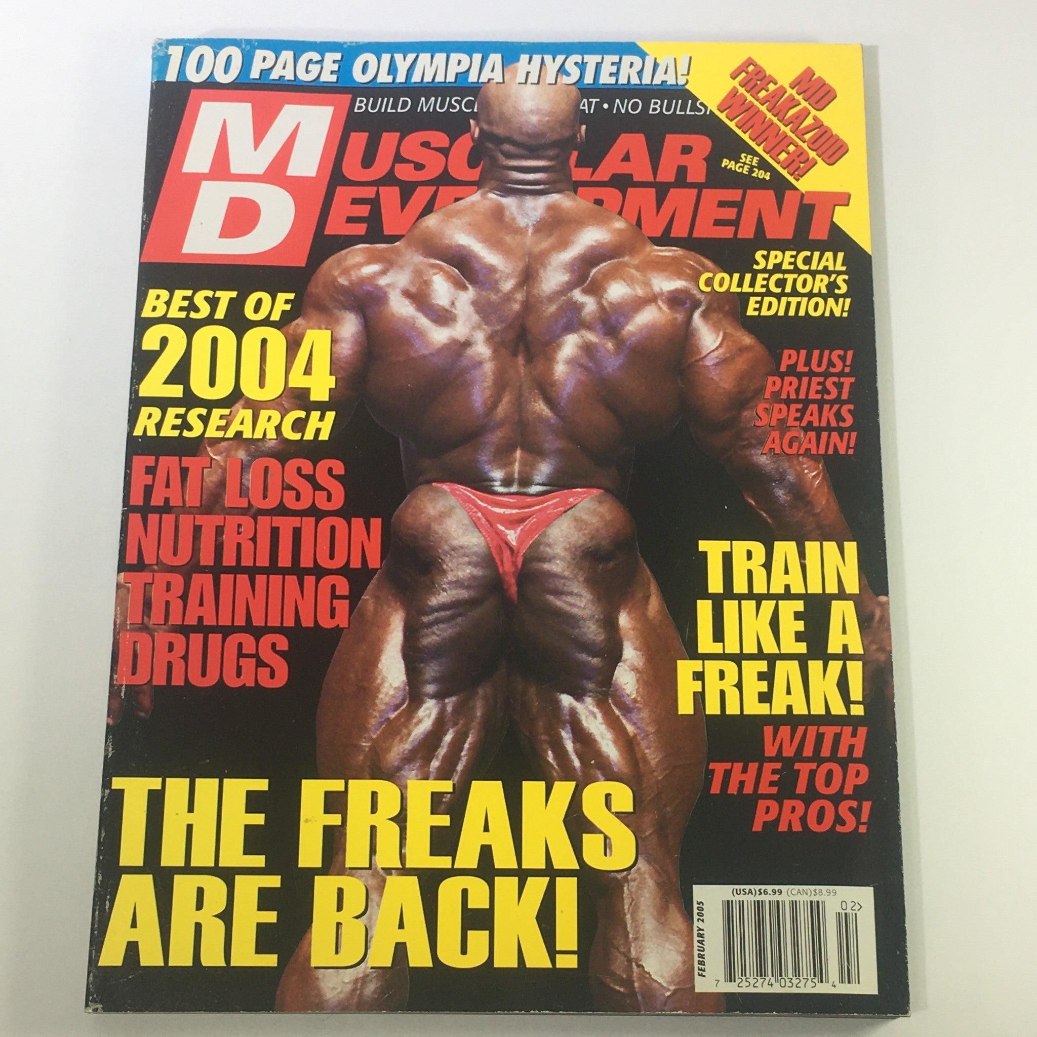 Cover of Muscular Development Magazine February 2005 featuring Ronnie Coleman, showcasing bodybuilding culture with headlines on fitness and nutrition, a must-have collectible for fitness enthusiasts.