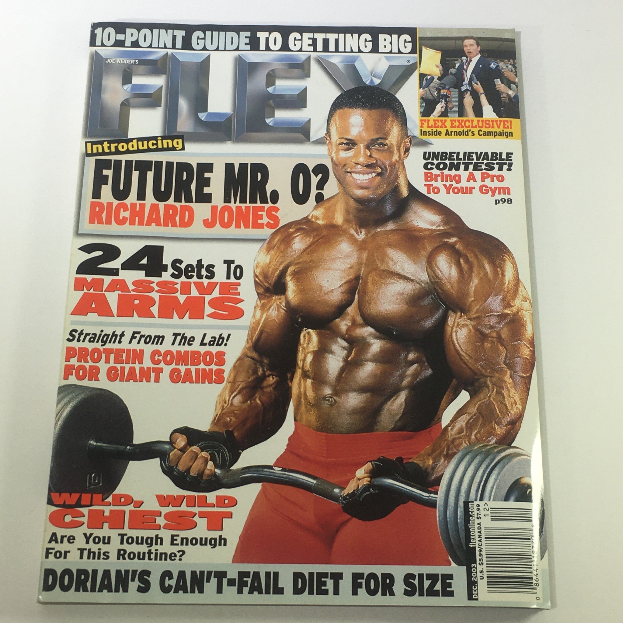 Cover of Joe Weider's Flex Magazine December 2003 featuring Richard Jones, showcasing bodybuilding tips, exercises, and fitness culture insights.