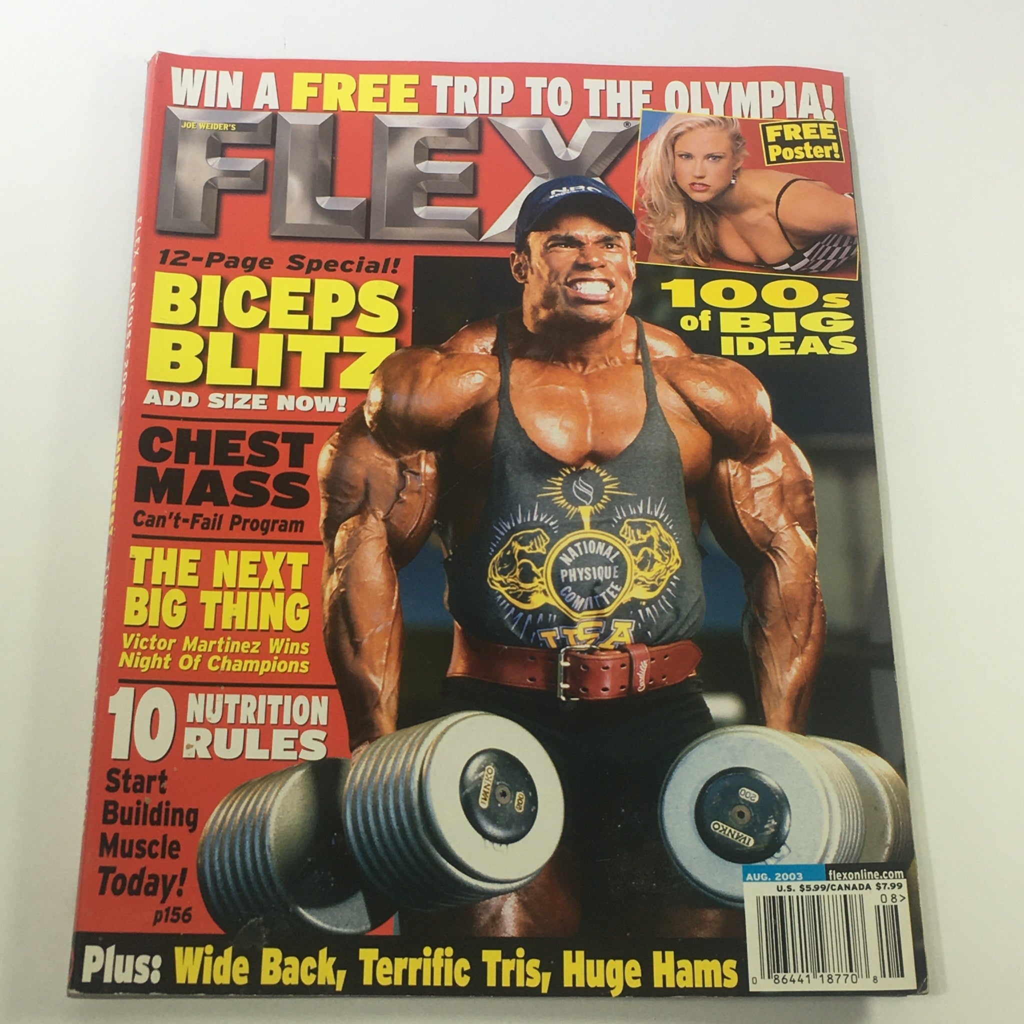 Cover of Joe Weider's Flex Magazine August 2003 featuring Victor Martinez showcasing muscle training with weights, ideal for bodybuilding enthusiasts and collectors of vintage fitness publications.
