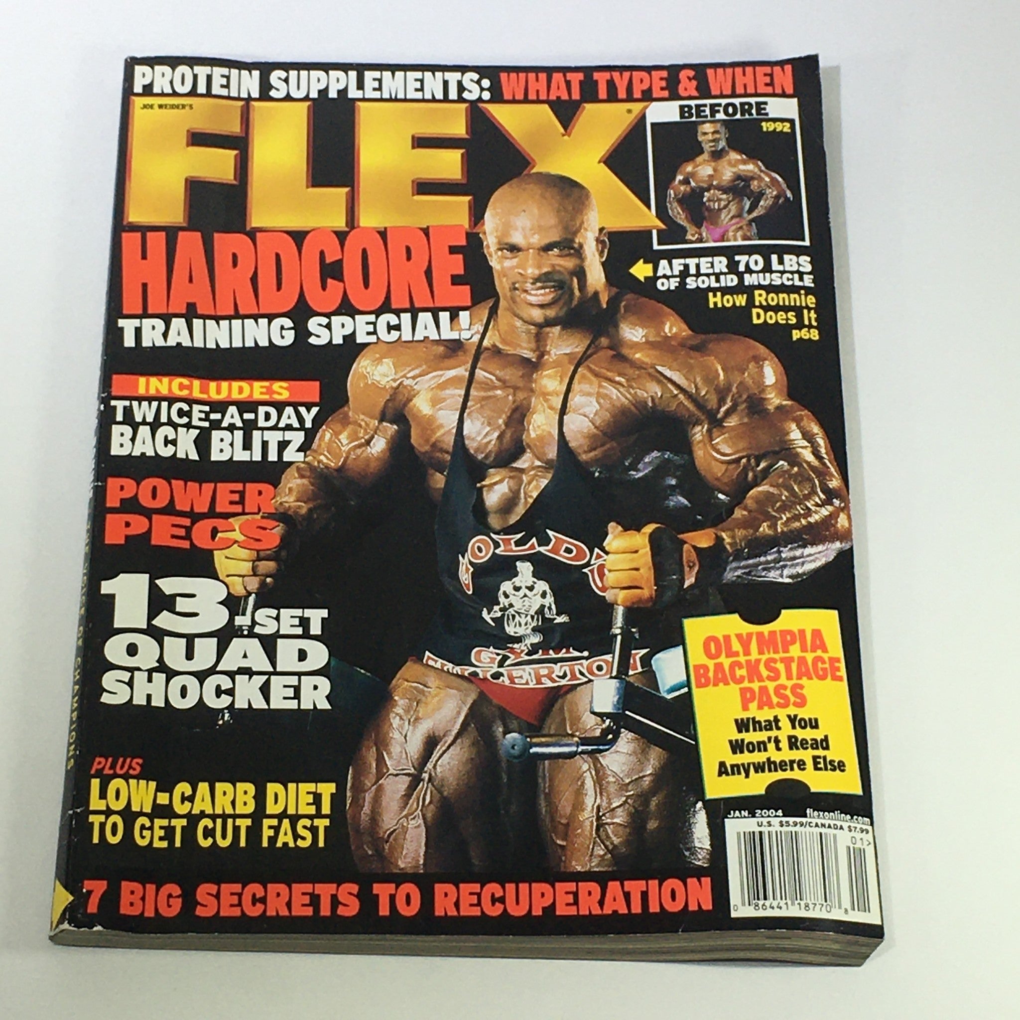 Cover of Joe Weider's Flex Magazine January 2004 featuring Ronnie Coleman. The magazine highlights protein supplements and includes features on training, nutrition, and bodybuilding strategies.