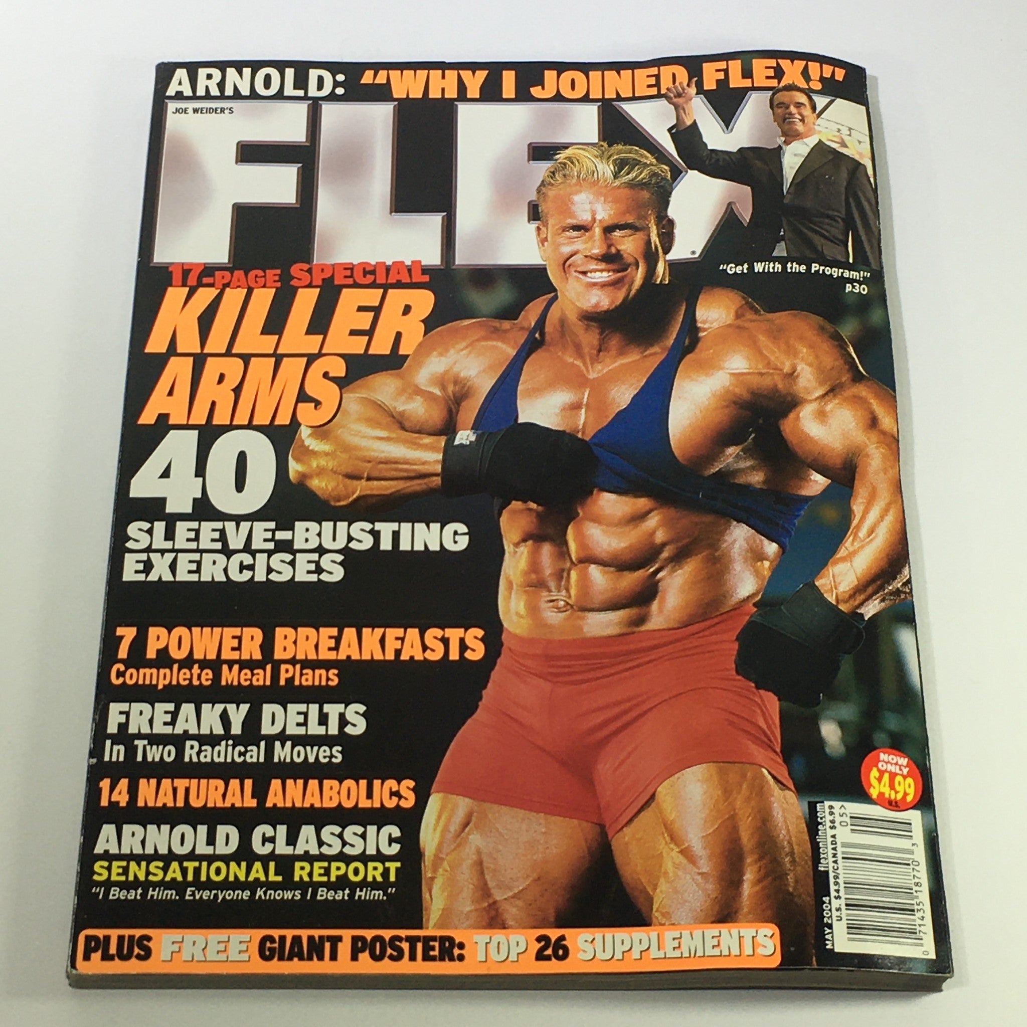 Cover of Joe Weider's Flex Magazine from May 2004 featuring Arnold Schwarzenegger in a muscular pose, promoting a special on killer arms and highlighting bodybuilding topics including exercise plans and nutrition.