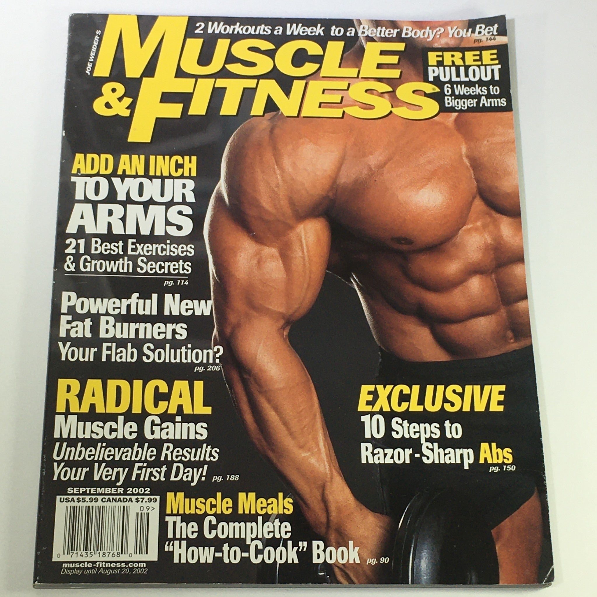 Cover of Joe Weider's Muscle & Fitness Magazine, September 2002 edition, featuring the headline 'Radical Muscle Gains', showcasing a muscular athlete, highlighting fitness insights and bodybuilding techniques.