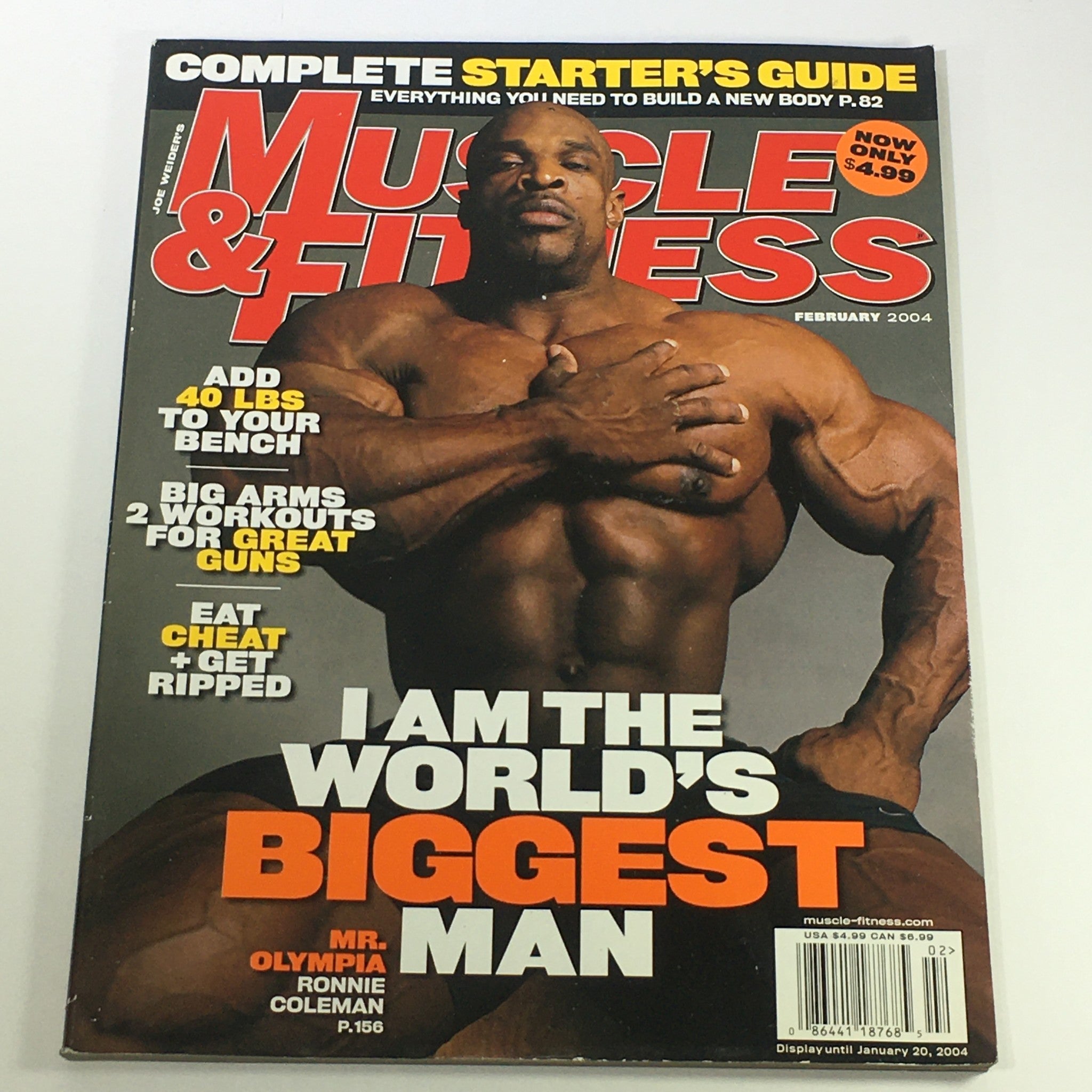 Cover of Joe Weider's Muscle & Fitness Magazine February 2004 featuring bodybuilding champion Ronnie Coleman, showcasing fitness insights and training tips.