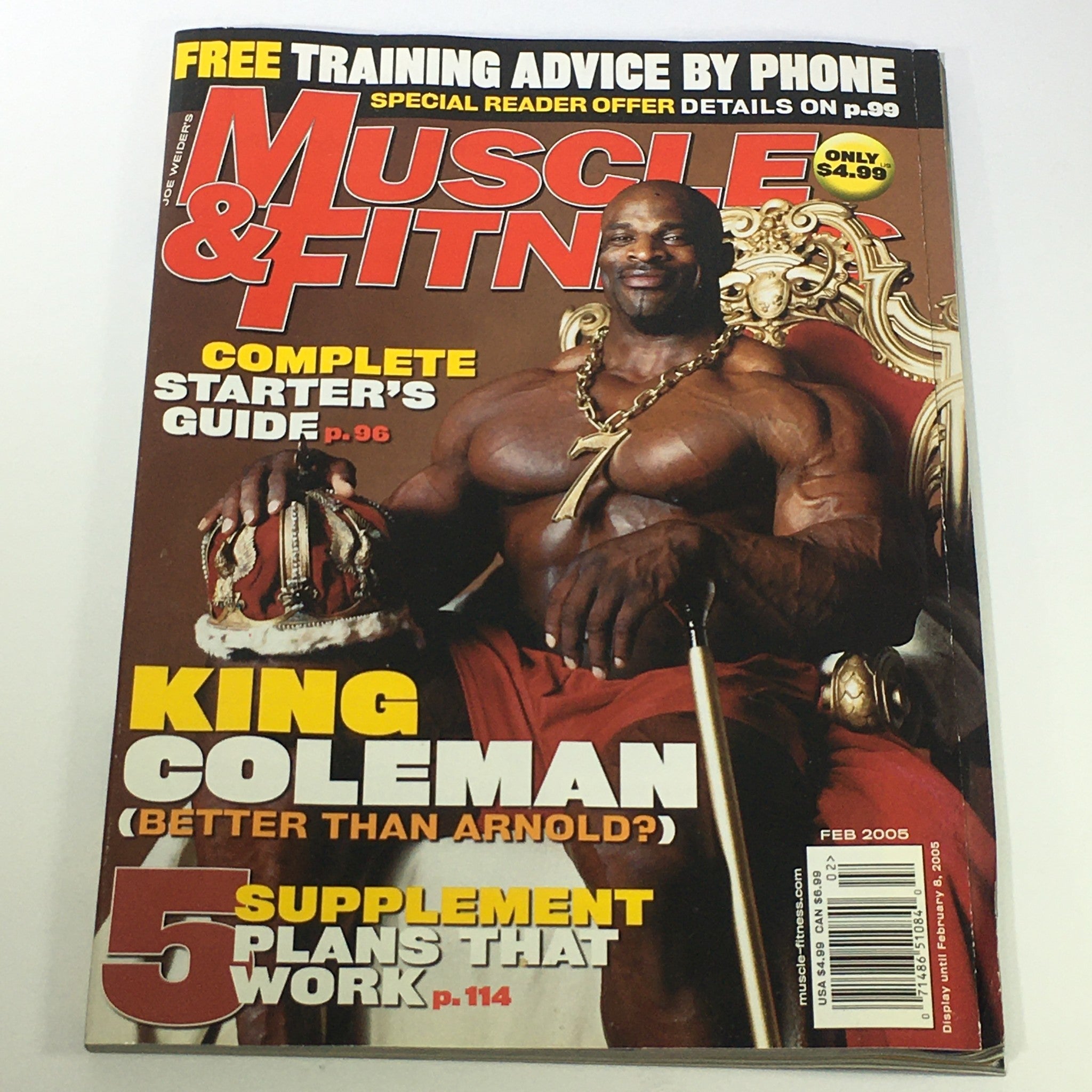 Joe Weider's Muscle & Fitness Magazine February 2005 featuring Ronnie Coleman on the cover, showcasing bodybuilding tips and nutrition advice.