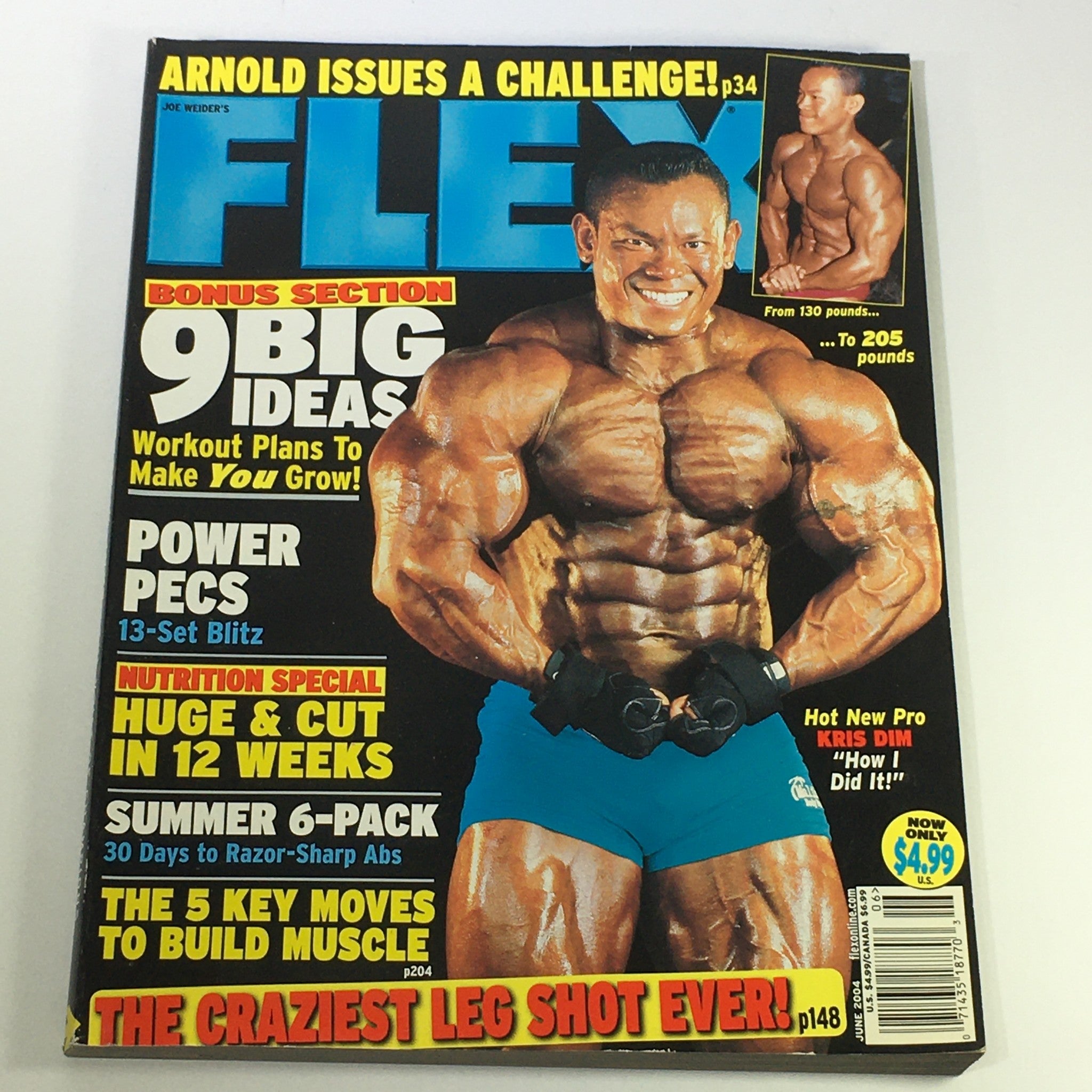 Cover of Joe Weider's Flex Magazine June 2004 featuring Kris Dim showcasing his muscular physique, with the headline 'ARNOLD ISSUES A CHALLENGE!' and additional articles on bodybuilding techniques and nutrition.