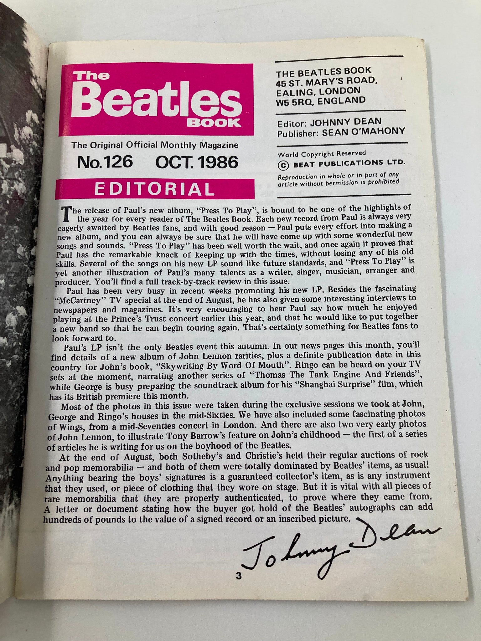 The Beatles Book Monthly Magazine October 1986 #126 Paul McCartney No Label