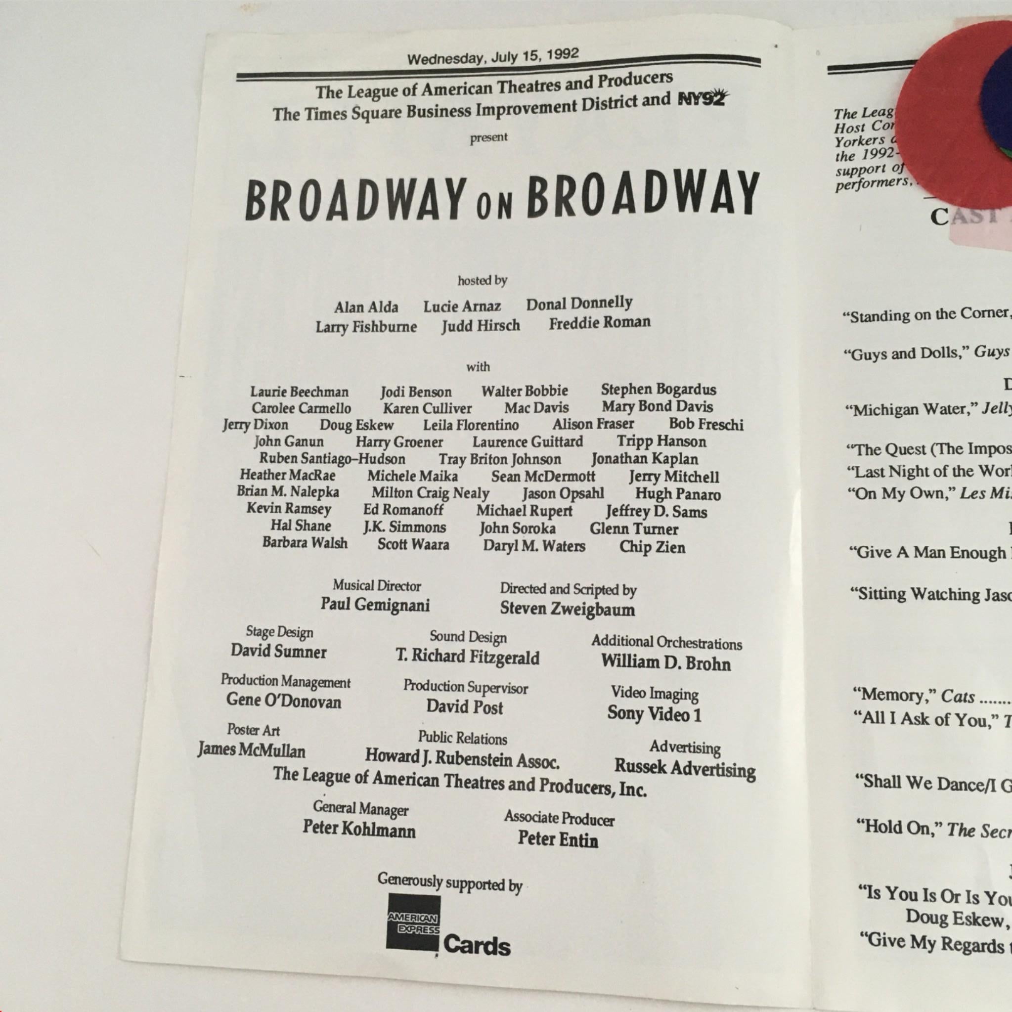 1992 Playbill Broadway on Broadway by Alan Alda, Lucie Arnaz, Donal Donnelly