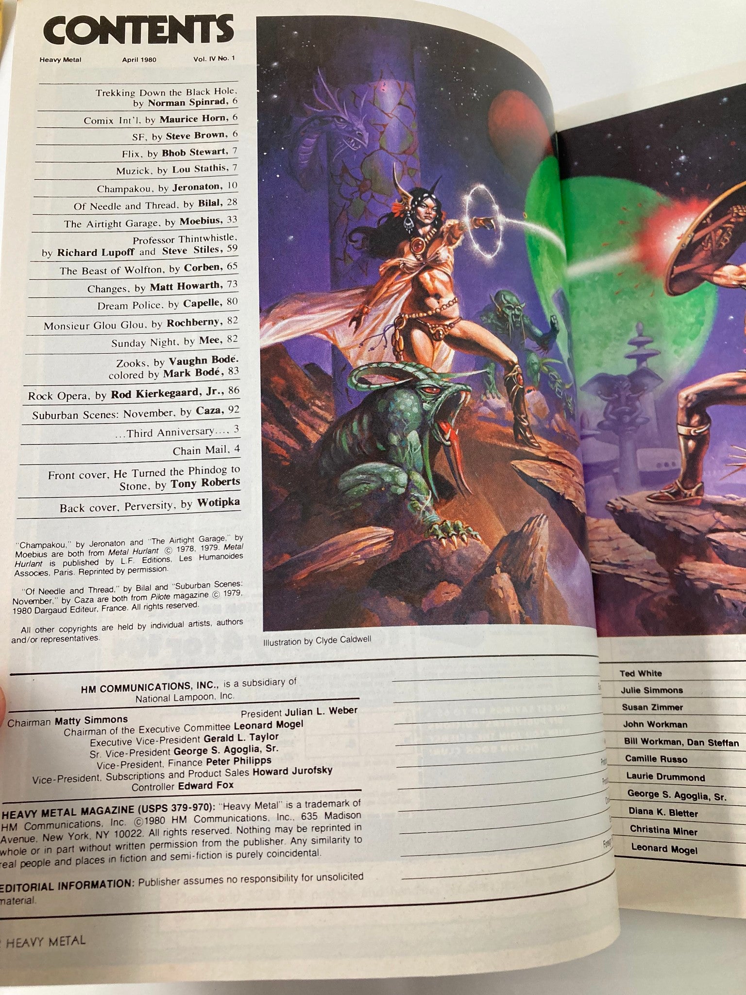 Contents page of Heavy Metal Magazine April 1980, showcasing various featured stories and illustrations, including a vibrant image of a female warrior in a cosmic setting.