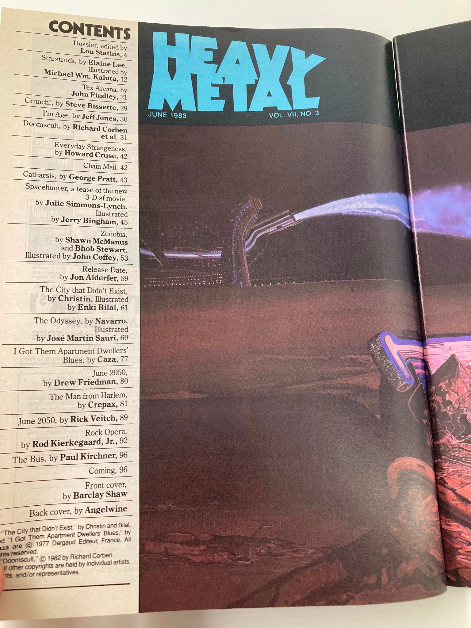 Contents page of VTG Heavy Metal Magazine June 1983, highlighting various illustrated stories and articles, reflecting the unique themes of the issue.