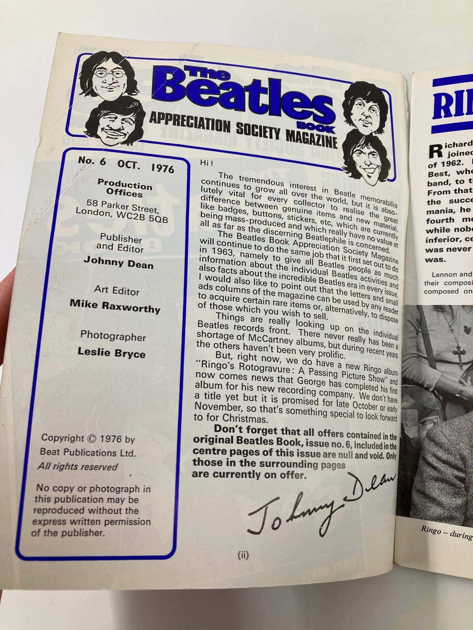 The Beatles Book Monthly Magazine October 1976 #6 Ringo Starrs Again No Label