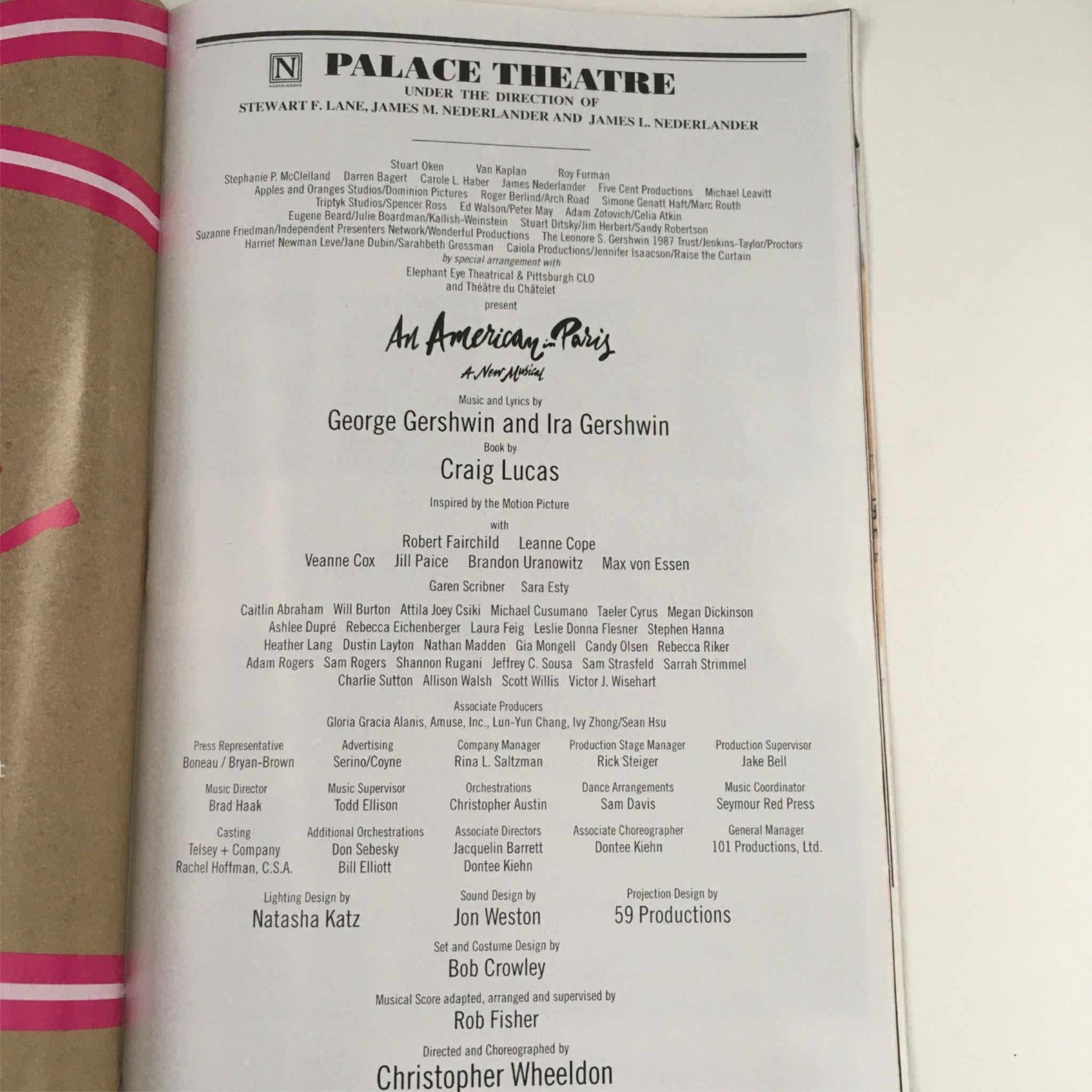 2015 Playbill An American in Paris by Christopher Wheeldon at Palace Theatre