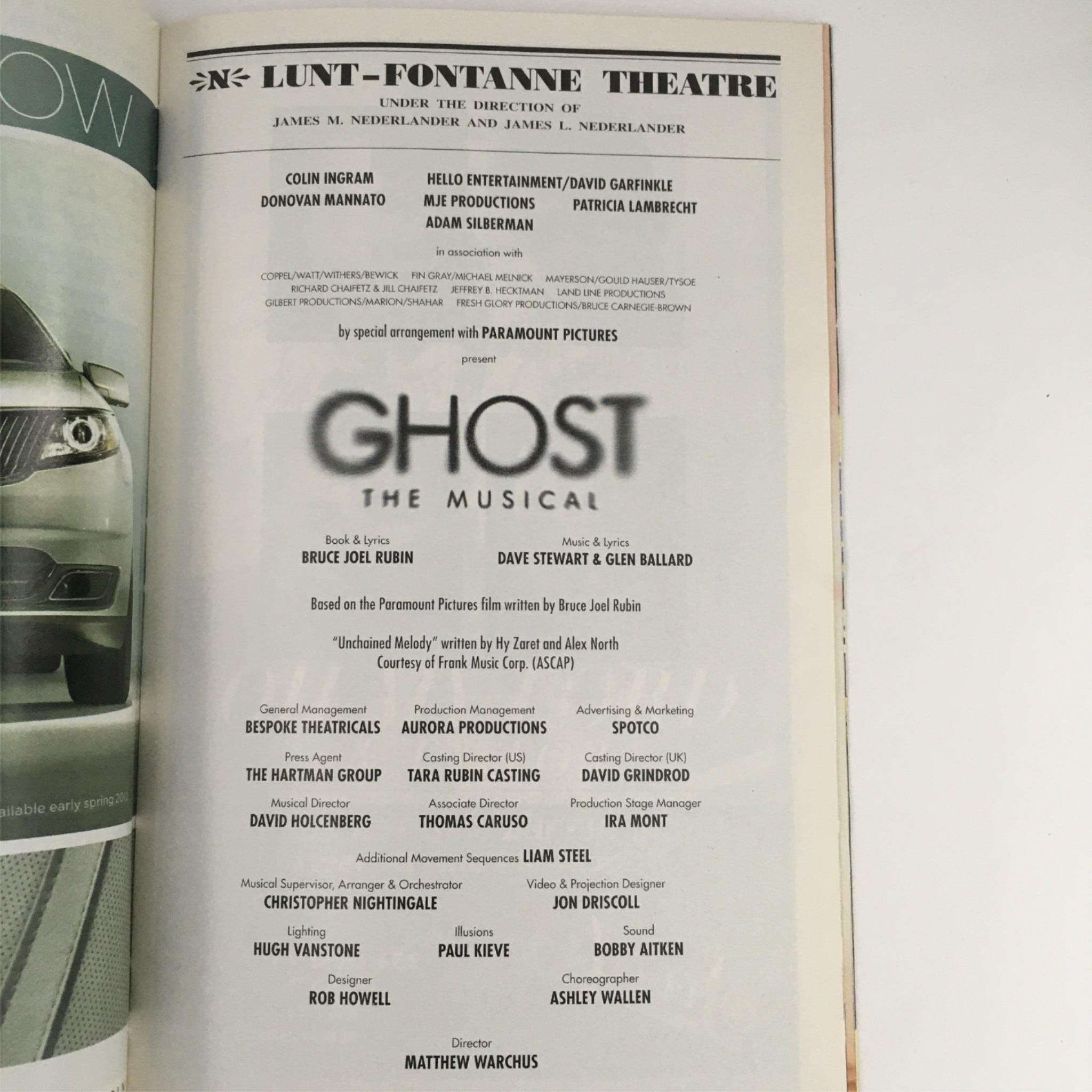 2012 Playbill Ghost The Musical by Matthew Warchus at Lunt-Fontanne Theatre