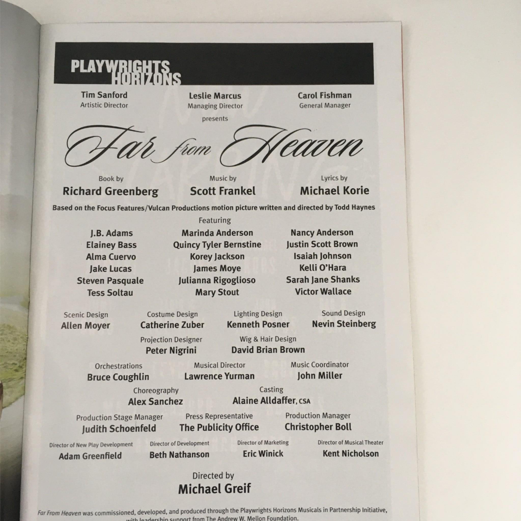 2013 Playbill Far From Heaven by Michael Greif at Playwrights Horizons